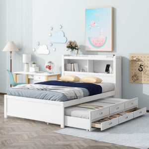 Full Size platform bed with trundle, drawers and USB plugs, White