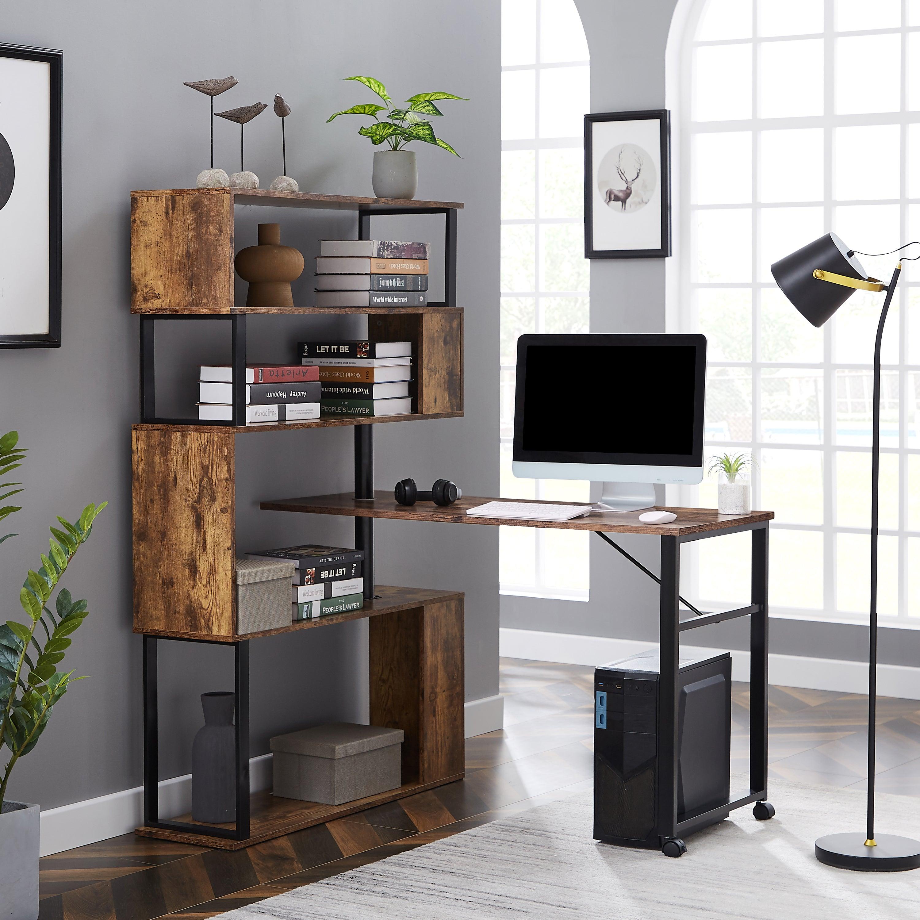 🆓🚛 Home Office Computer Desk L-Shaped Corner Table, Rotating Computer Table With 5-Tier Bookshelf, Four Installation Methods, Lockable Casters (Tiger)