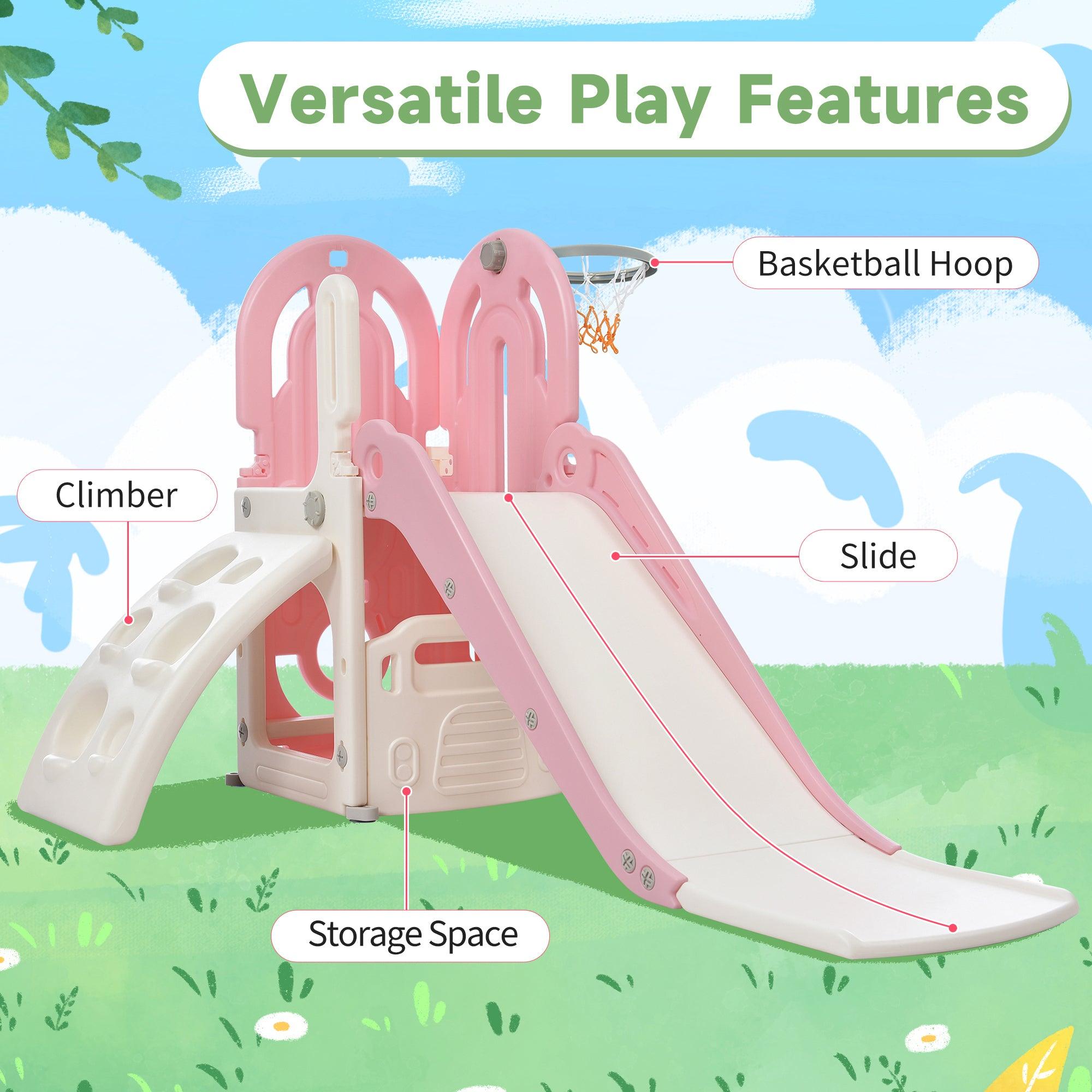 🆓🚛 Toddler Climber & Slide Set 4 in 1, Kids Playground Climber Freestanding Slide Playset With Basketball Hoop Play Combination for Babies Indoor & Outdoor, Pink & Gray