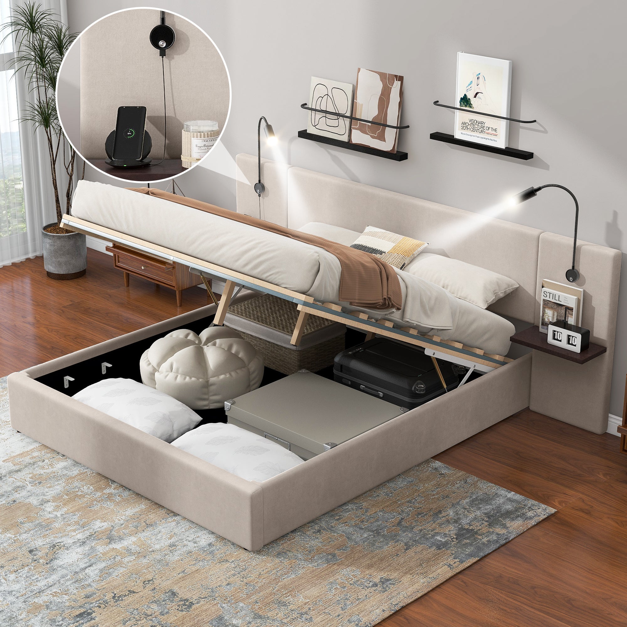 🆓🚛 Full Size Storage Upholstered Hydraulic Platform Bed With 2 Shelves, 2 Lights and Usb, Beige