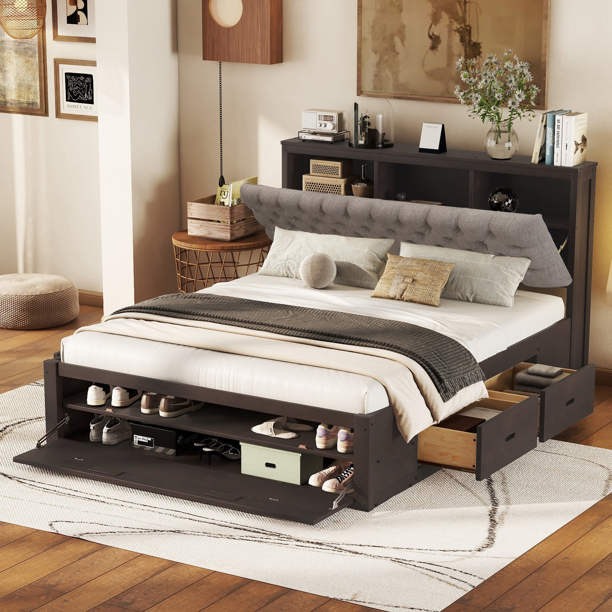 🆓🚛 Wood Queen Size Platform Bed with Storage Headboard, shoe rack and 4 drawers, Espresso