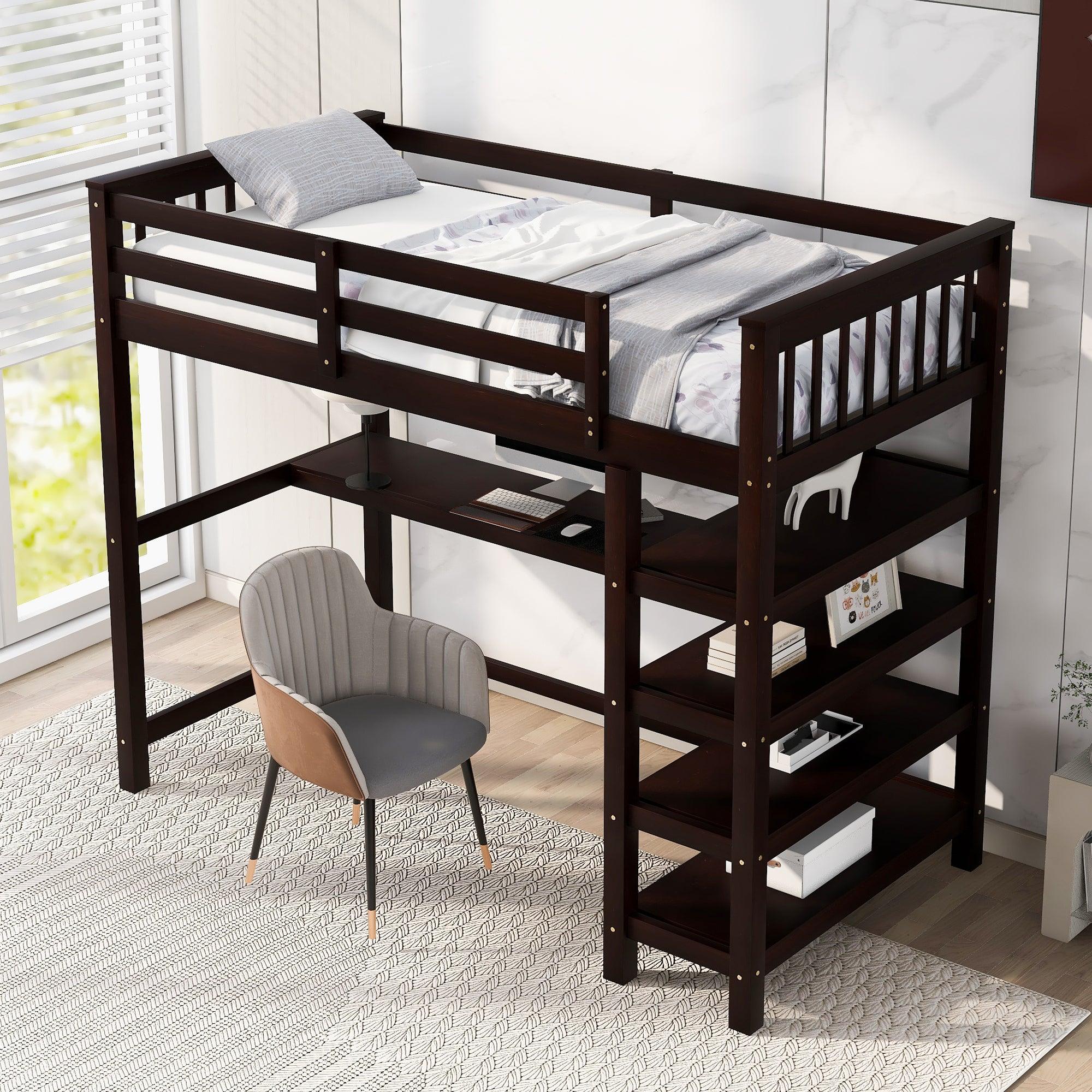 🆓🚛 Twin Size Loft Bed With Storage Shelves & Under-Bed Desk, Espresso