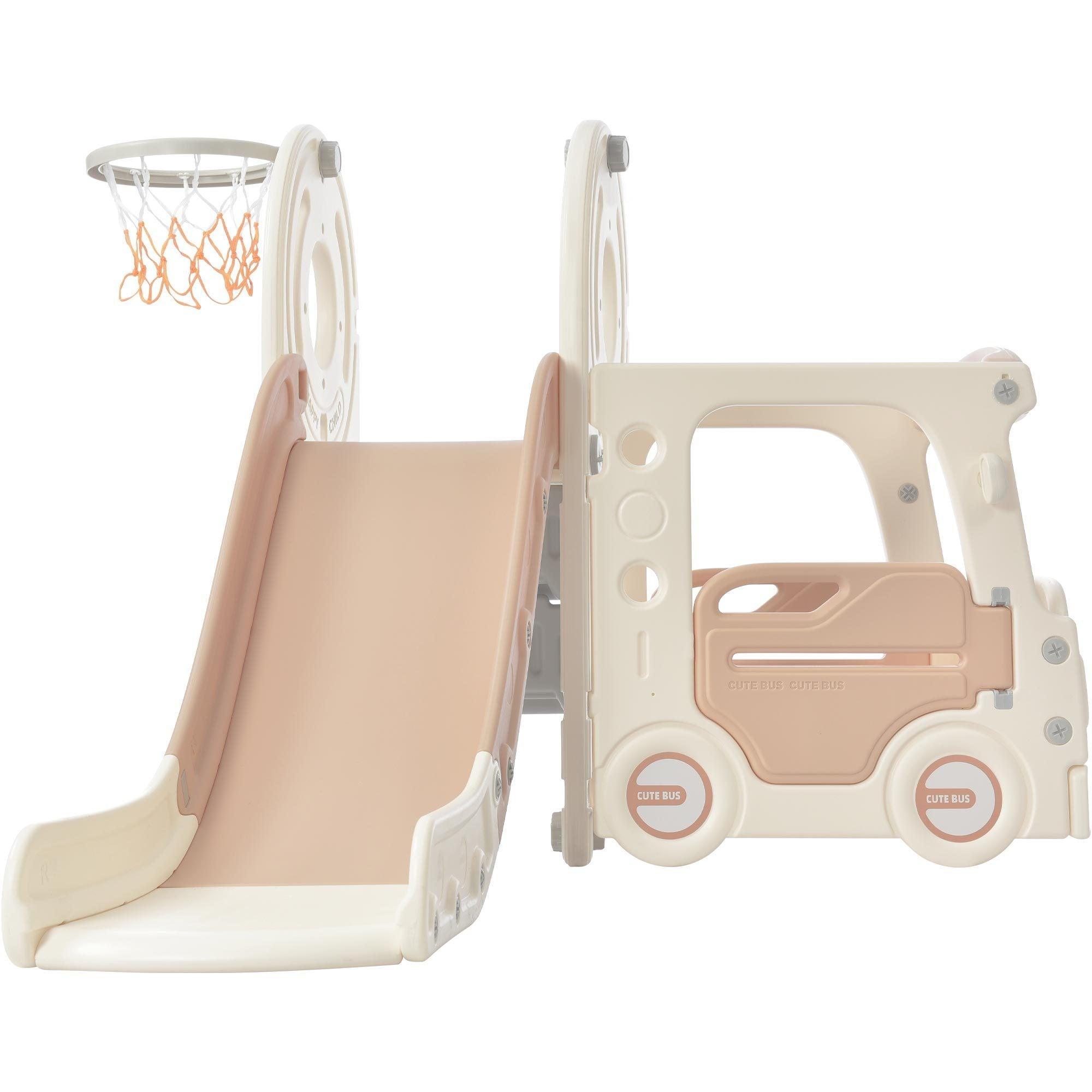 🆓🚛 Kids Slide With Bus Play Structure, Freestanding Bus Toy With Slide for Toddlers, Bus Slide Set With Basketball Hoop