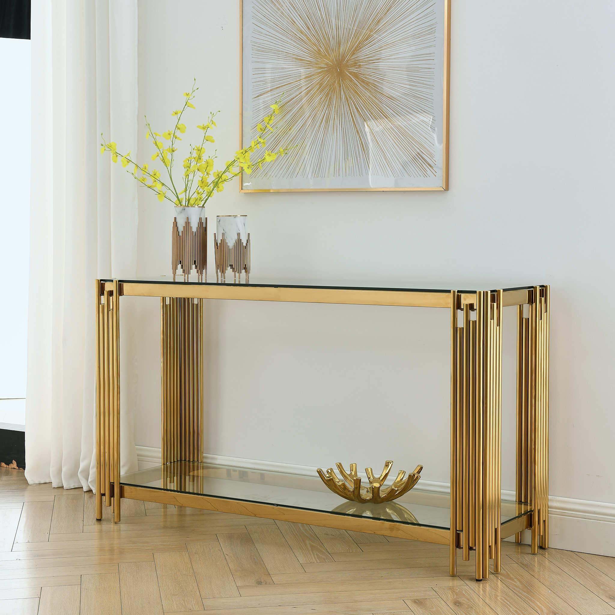 Modern Glass Console Table, 55" Gold Sofa Table with Sturdy Metal Frame and Clear Tempered Glass Top, for Living Room Entryway Bedroom, Gold Finish