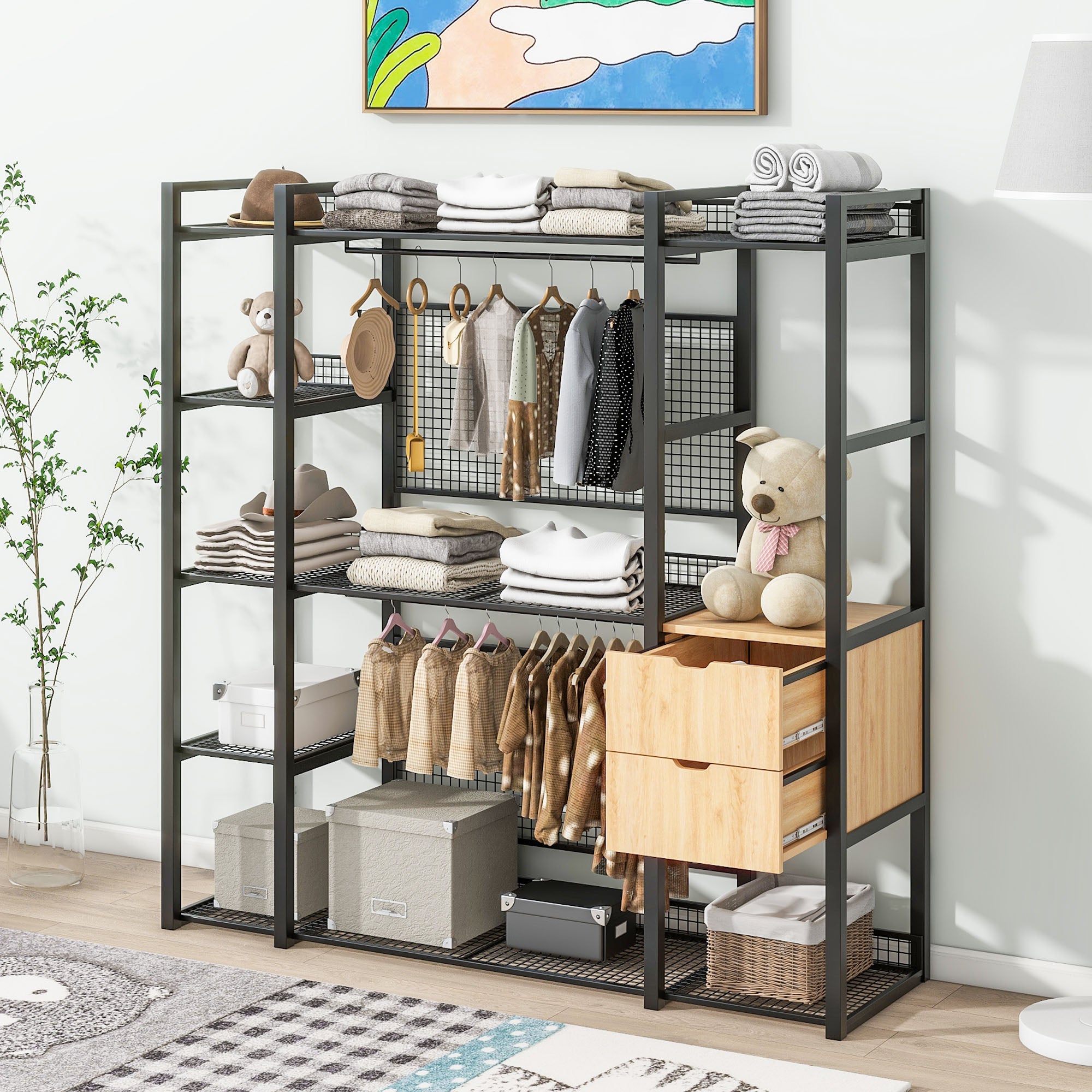 Open-Style Wardrobe with Hanging Rails, Shelves and Drawers, Black