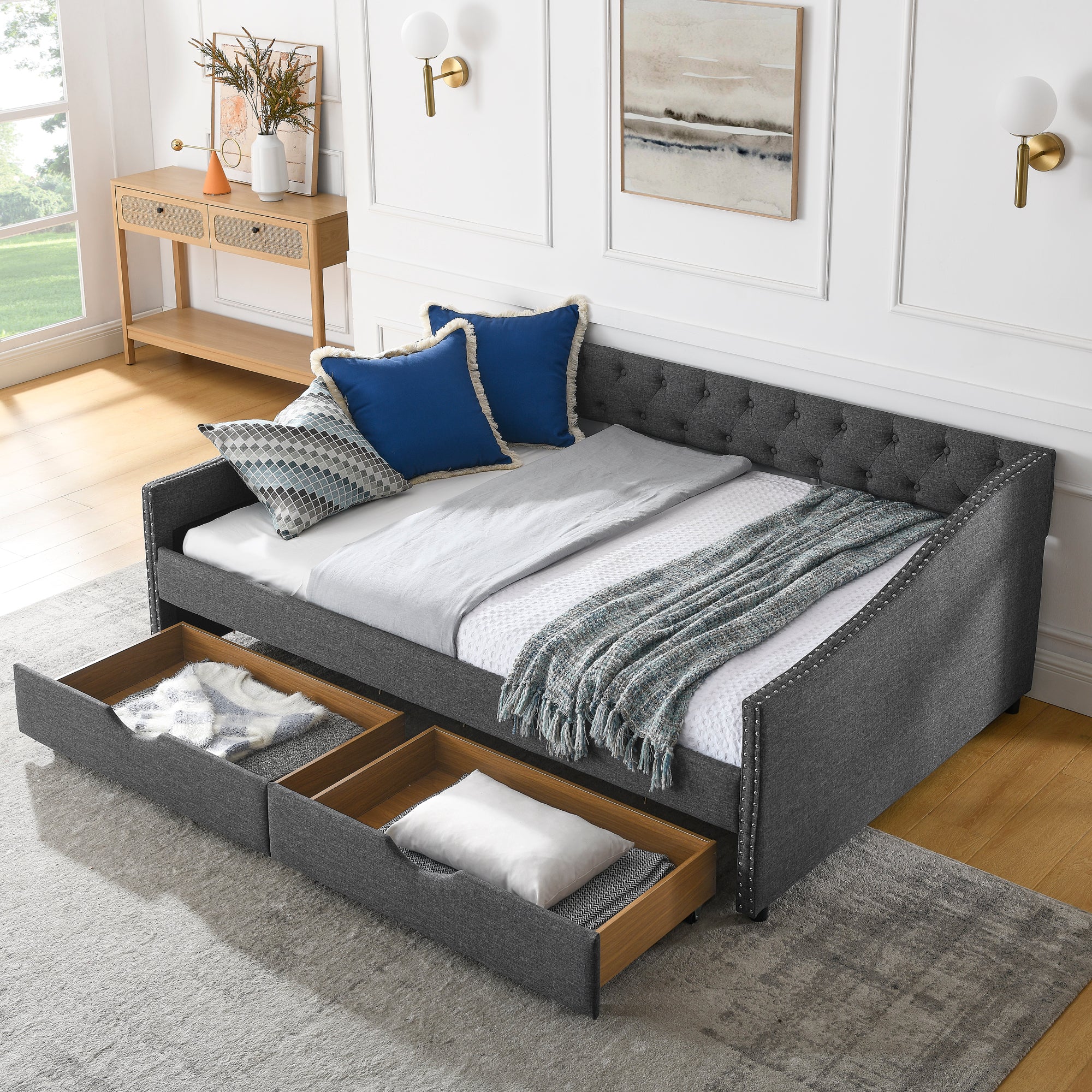 🆓🚛 Full Size Daybed With Drawers Upholstered Tufted Sofa Bed, With Button On Back and Copper Nail On Waved Shape Arms, Light Gray