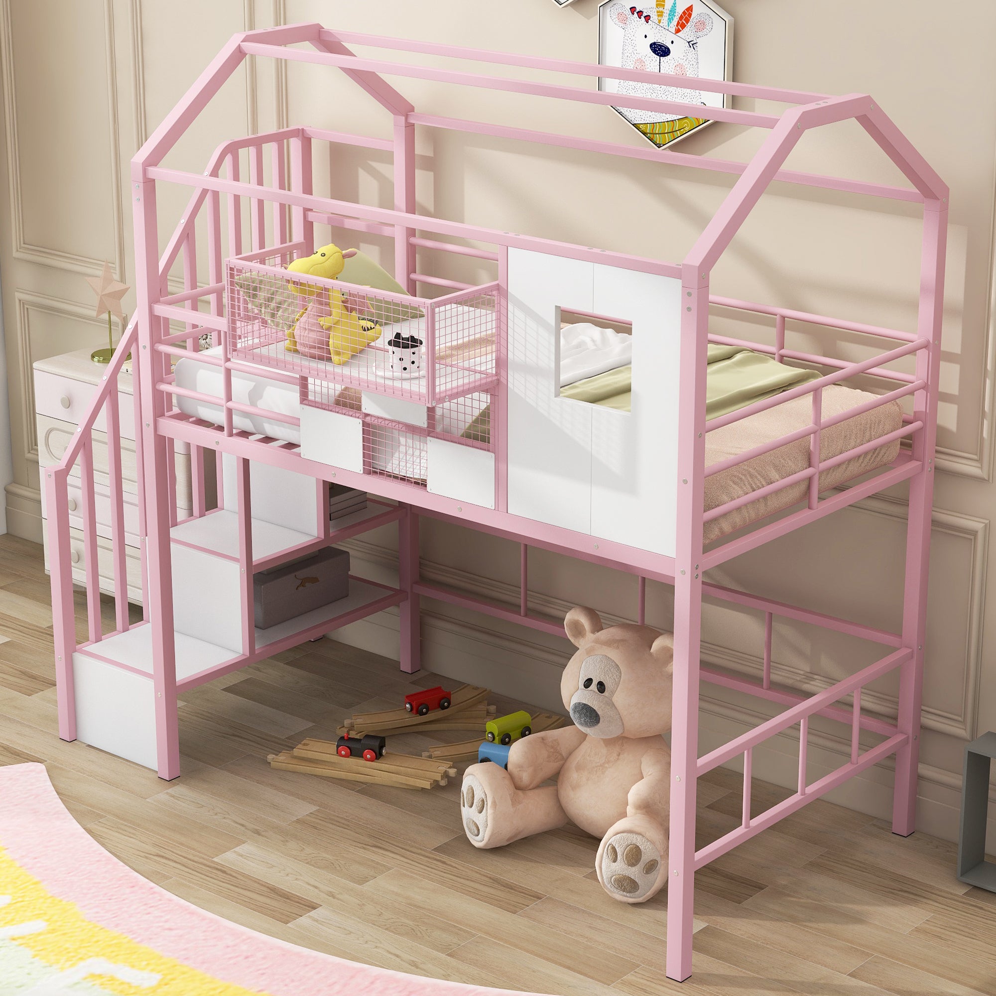 🆓🚛 Metal Loft Bed With Roof Design and a Storage Box, Twin, Pink