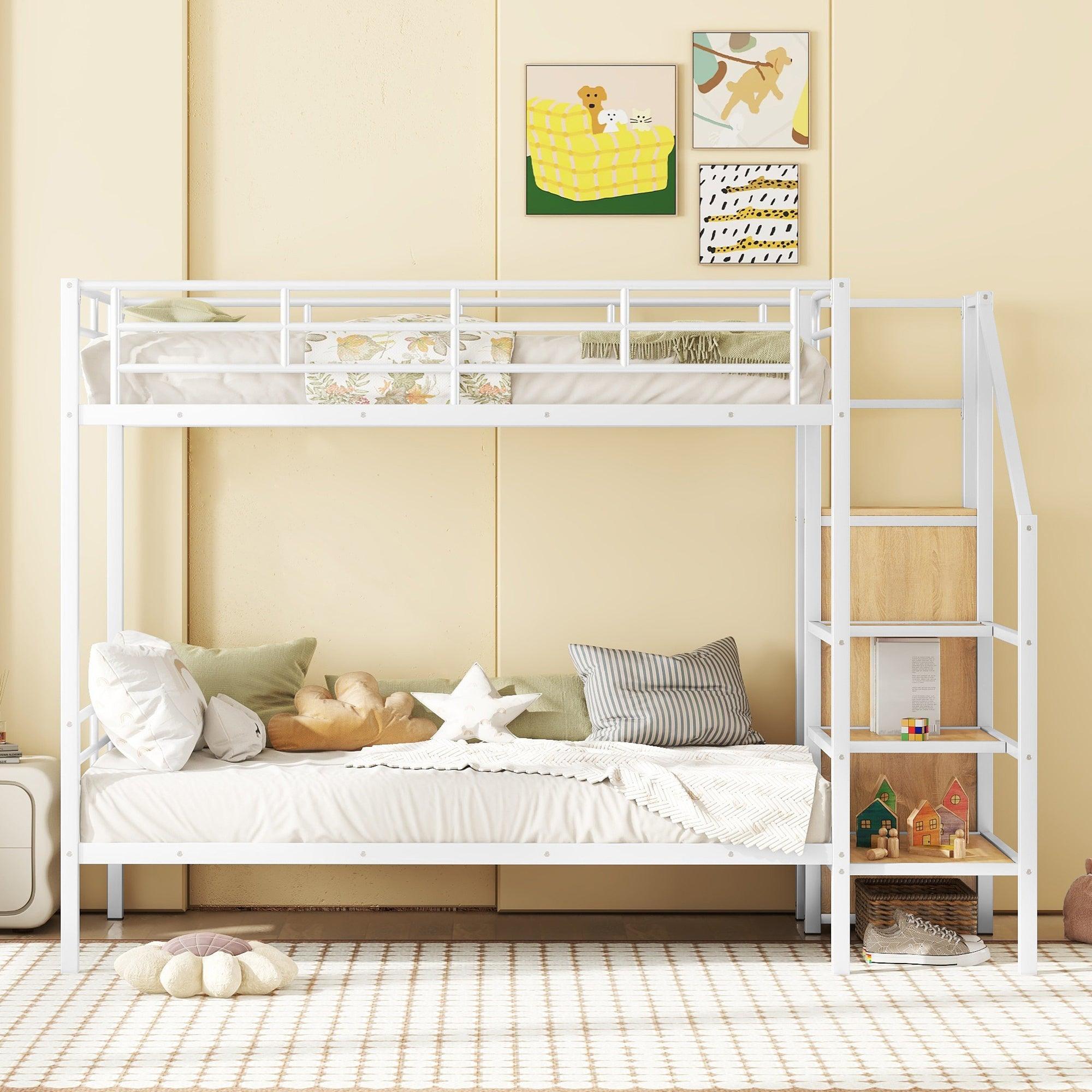 🆓🚛 Twin Over Twin Metal Bunk Bed With Lateral Storage Ladder & Wardrobe, White