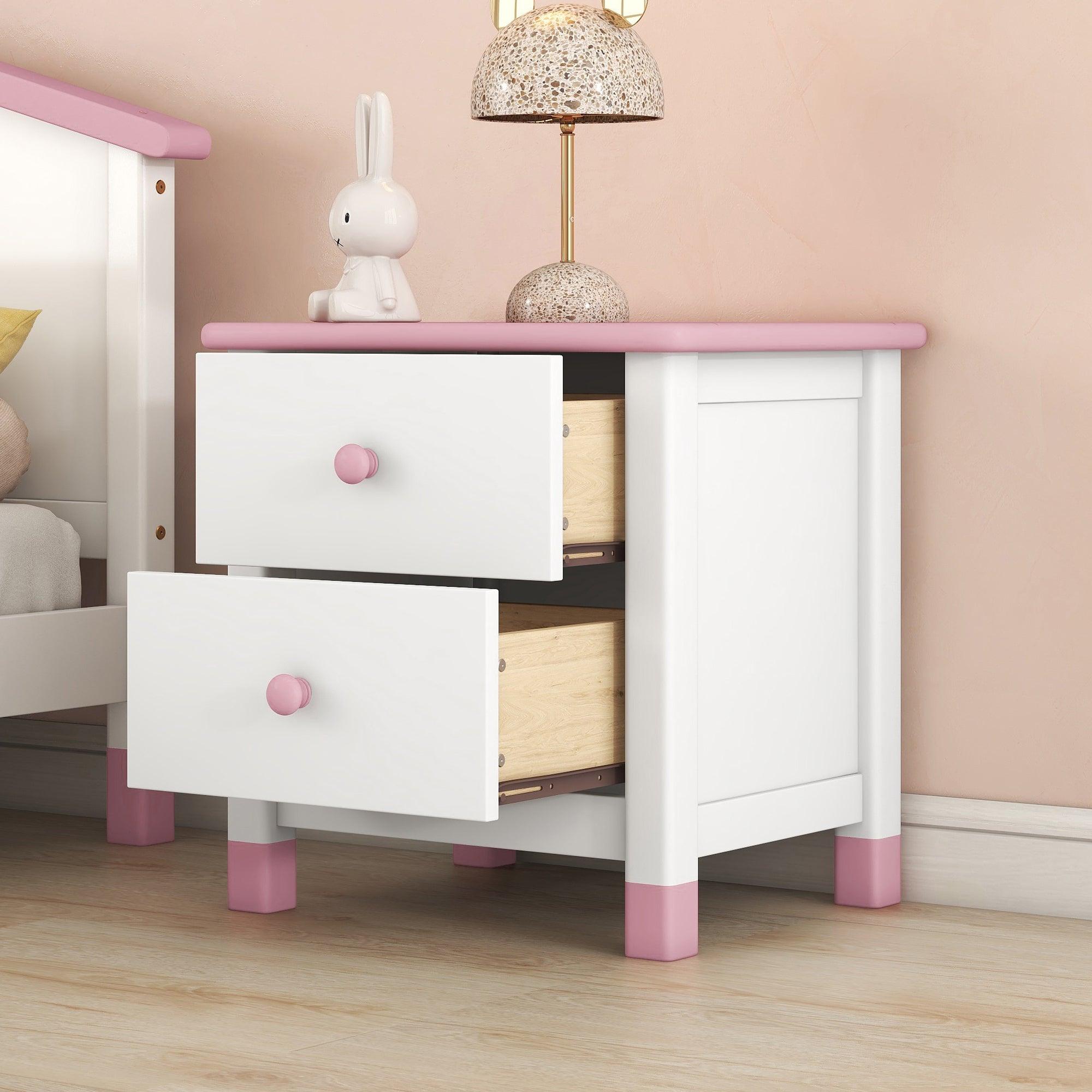FATASTIC Wooden Nightstand with Two Drawers for Kids Bedroom - White & Pink
