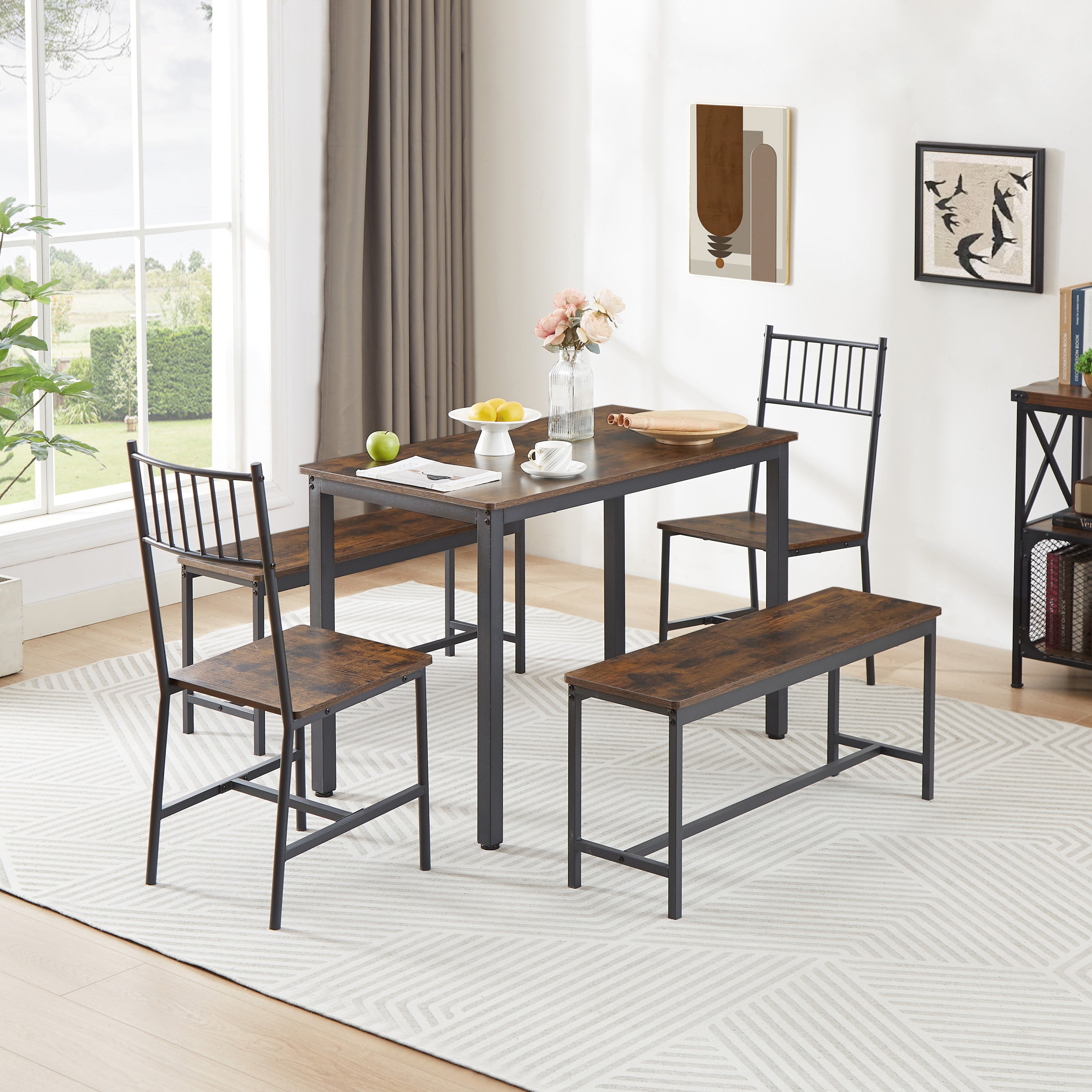 🆓🚛 Dining Table Set, Barstool Dining Table With 2 Benches 2 Back Chairs, Industrial Dining Table for Kitchen Breakfast Table, Living Room, Party Room, Rustic Brown and Black, 43.3″L X 23.6″W X 29.9″H