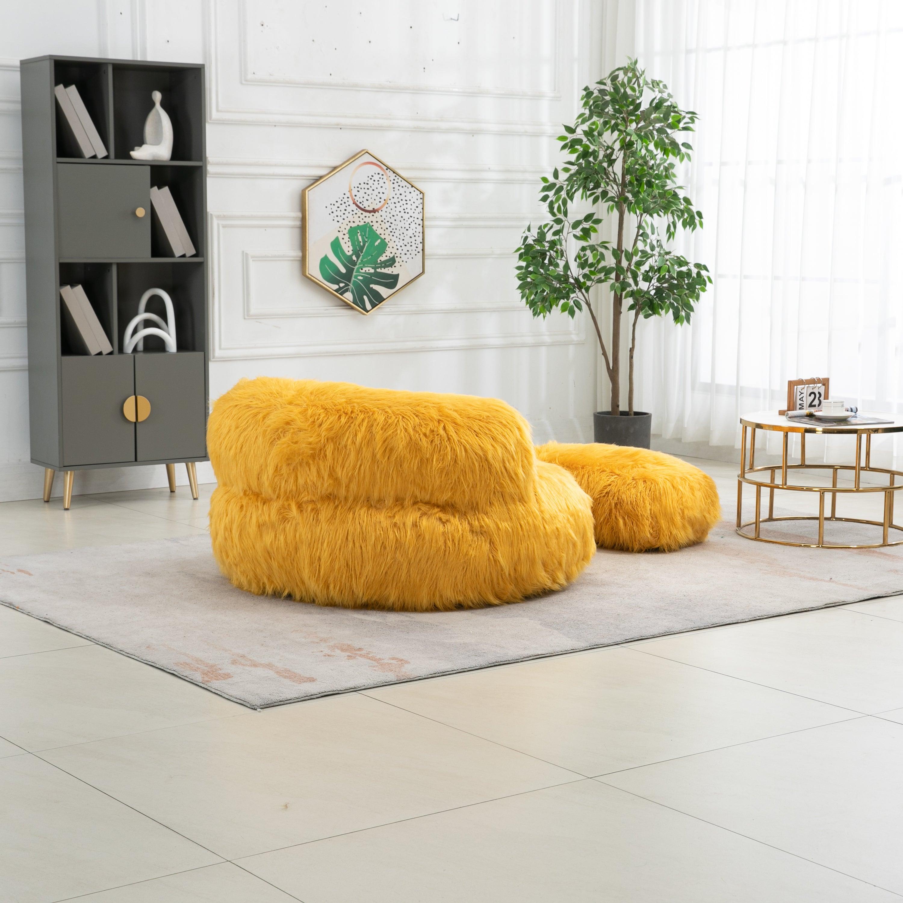 Gramanda 2-In-1 Bean Bag Chair Faux Fur Lazy Sofa & Ottoman Footstool For Adults And Kids - Yellow