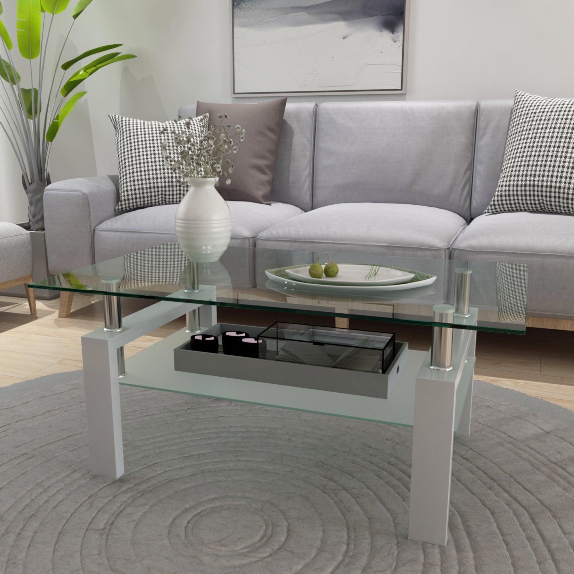 🆓🚛 White Coffee Table, Clear Coffee Table, Modern Side Center Tables for Living Room, Living Room Furniture