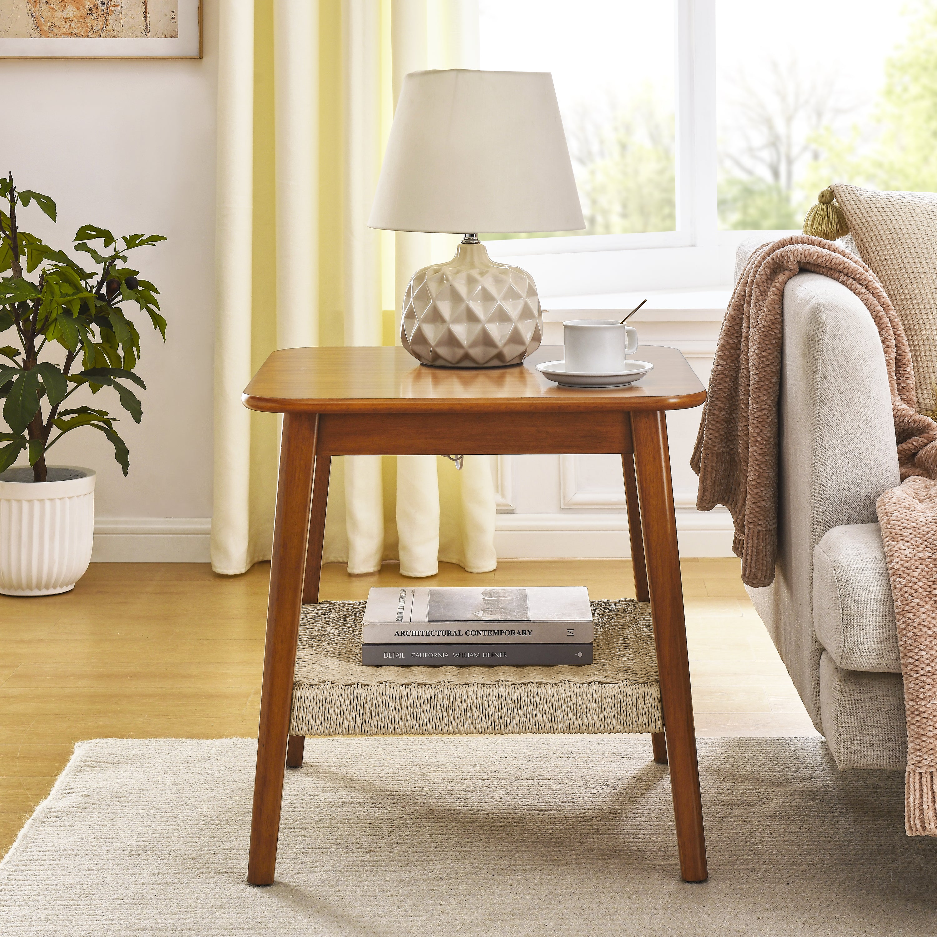 23" Mid-Century Side Table With Woven Shelf, With Storage