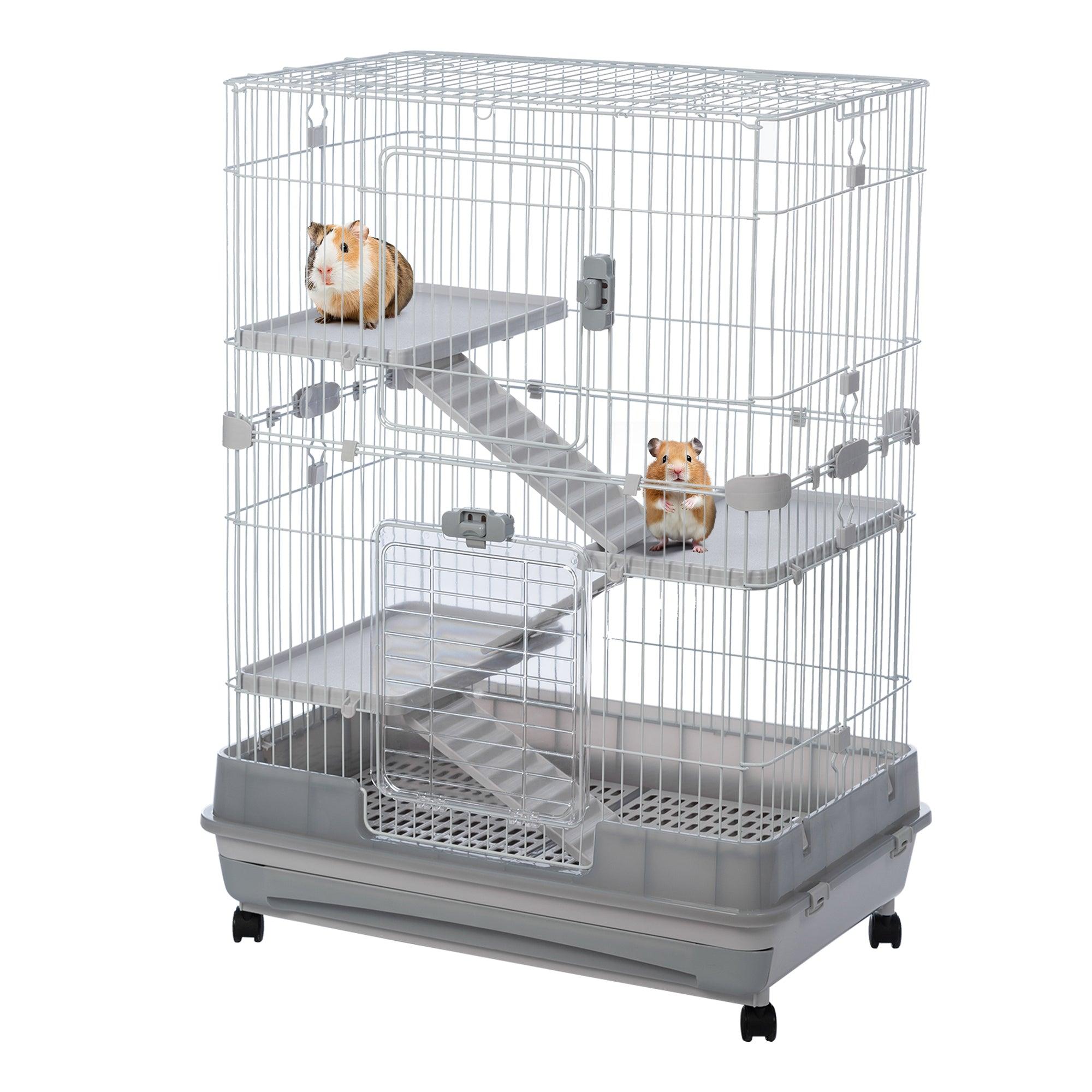 4-Tier 32" Small Animal Metal Cage Height Adjustable With Lockable Casters  Grilles Pull-Out Tray For Rabbit Chinchilla Ferret Bunny Guinea Pig Squirrel Hedgehog, GREY