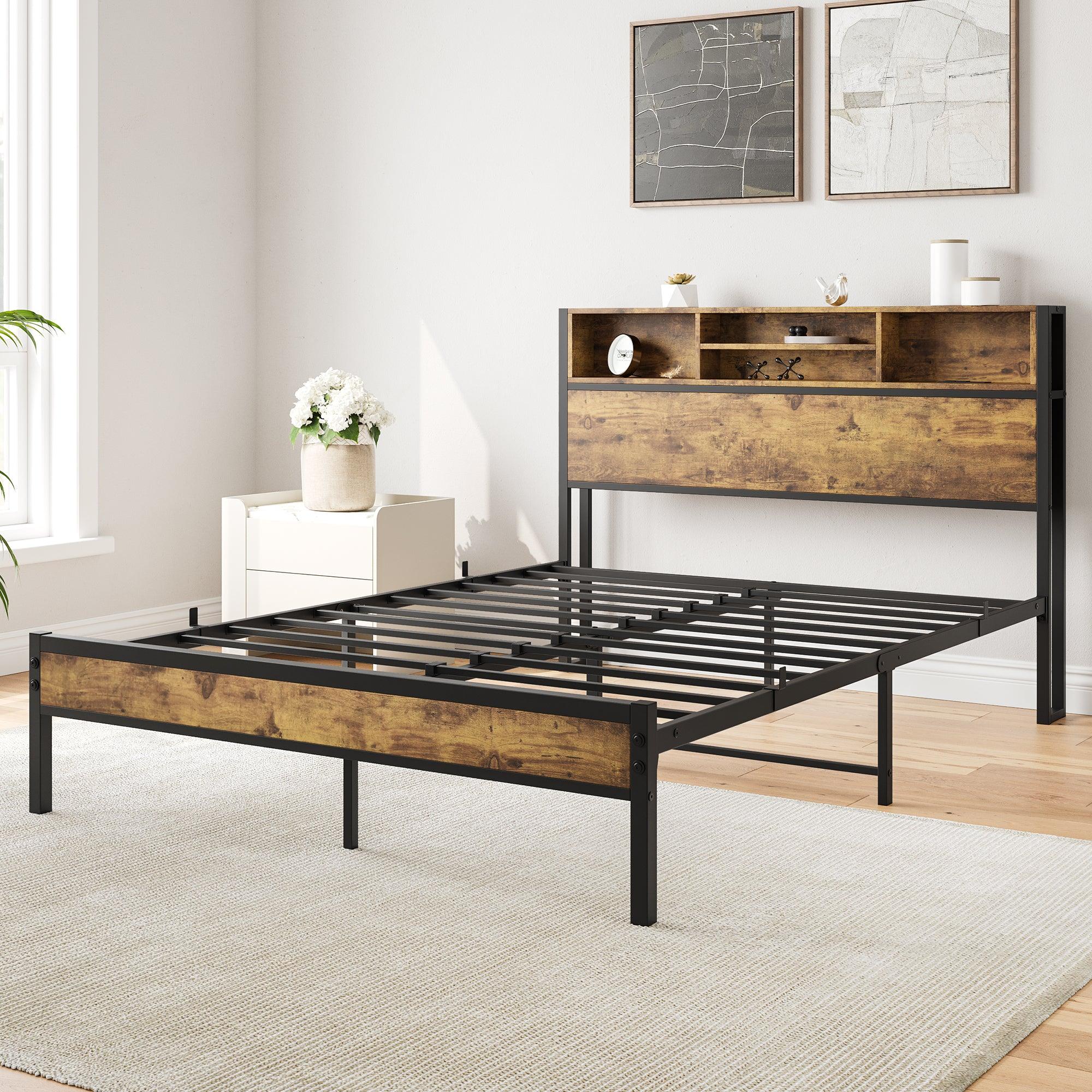 Full Size Bed Frame with Storage Headboard, Metal Platform Bed with Charging Station,  Bookcase Storage, No Box Spring Needed, Easy Assembly, Noise-Free, Black