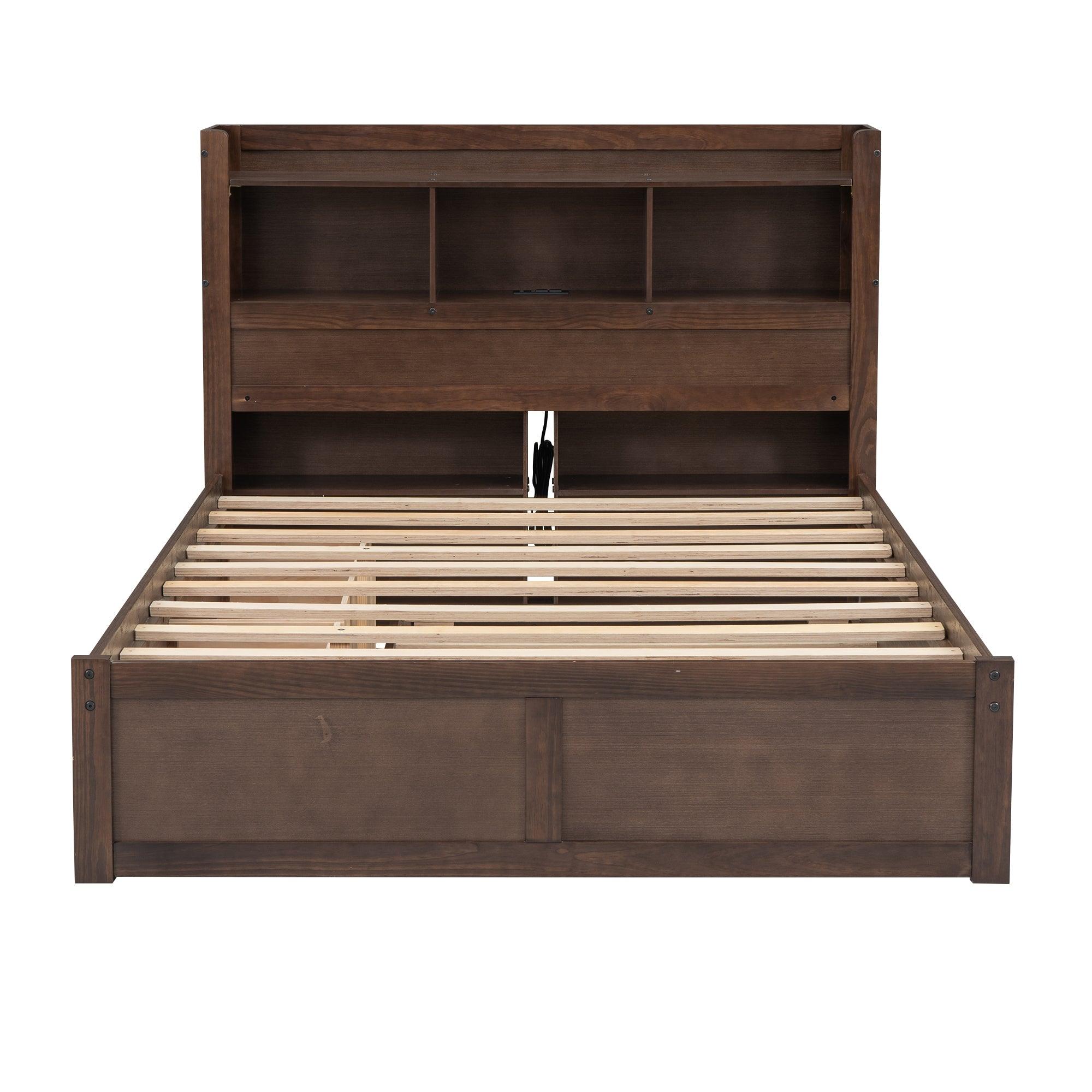 Full Size Storage Platform Bed with Pull Out Shelves, Twin Size Trundle and 2 Drawers, Espresso