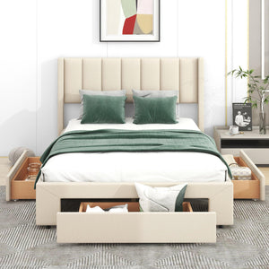 Full Size Upholstered Platform Bed with One Large Drawer in the Footboard and Drawer on Each Side, Beige