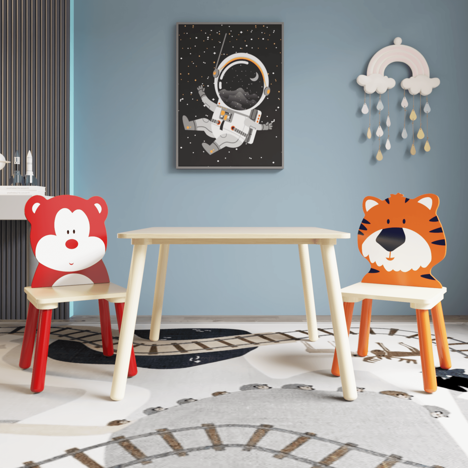 🆓🚛 Kids Table & 2 Chairs Set, 3 Pieces Toddler Table & Chair Set, Wooden Activity Play Table Set (Bear & Tiger)