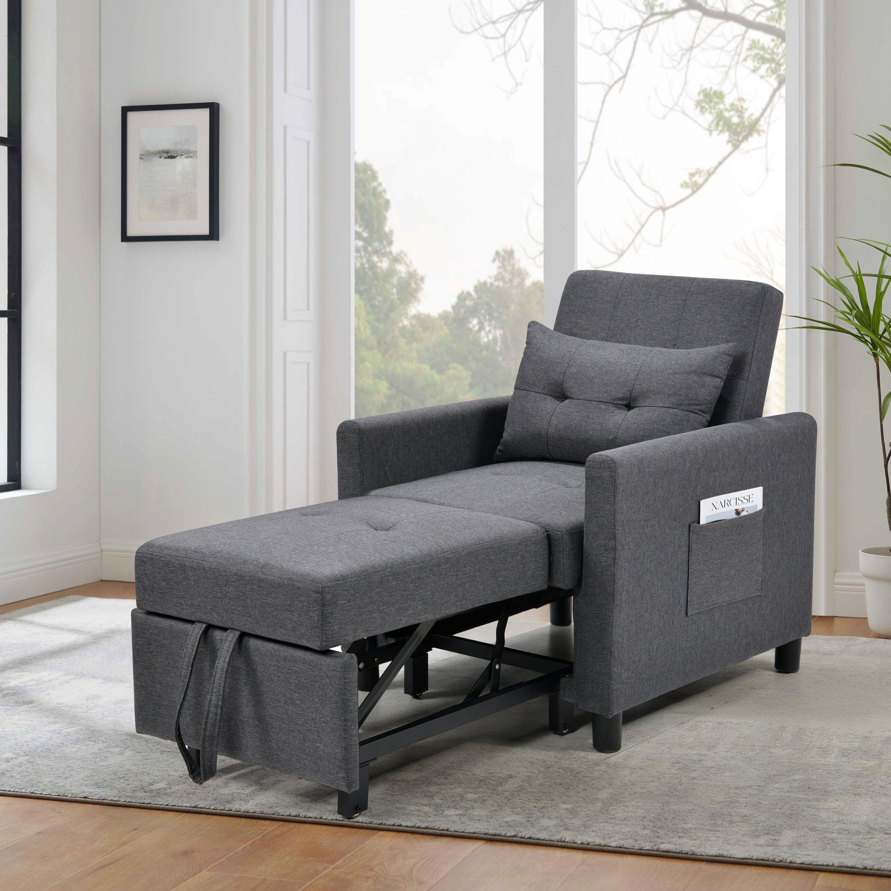 🆓🚛 Single Sofa Bed With Pullout Sleeper, Convertible Folding Futon Chair, Lounge Chair Set With 1Pc Lumbar Pillow, Drak Gray Color Fabric