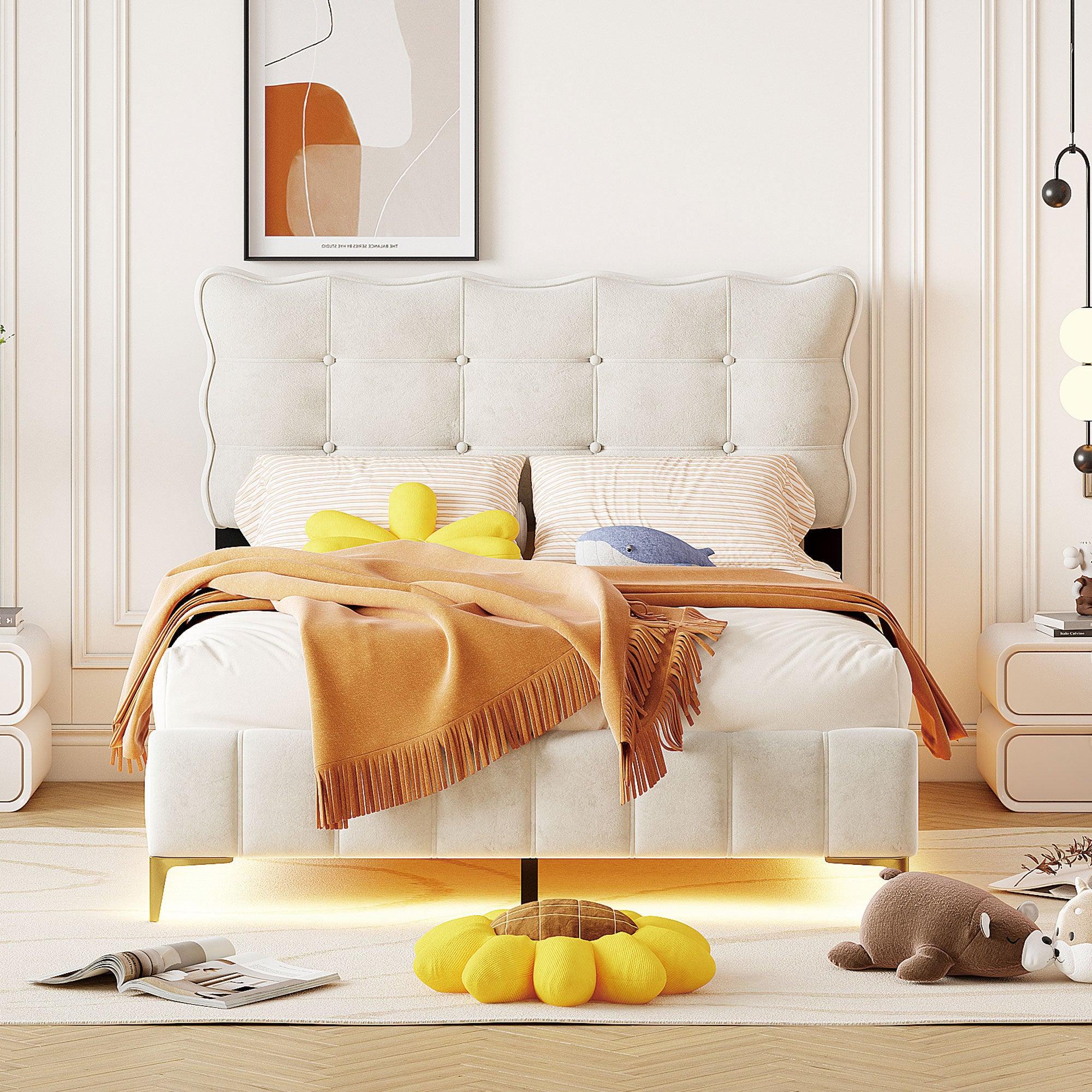 🆓🚛 Full Size Velvet Platform Bed With Led Frame and Stylish Mental Bed Legs, Beige