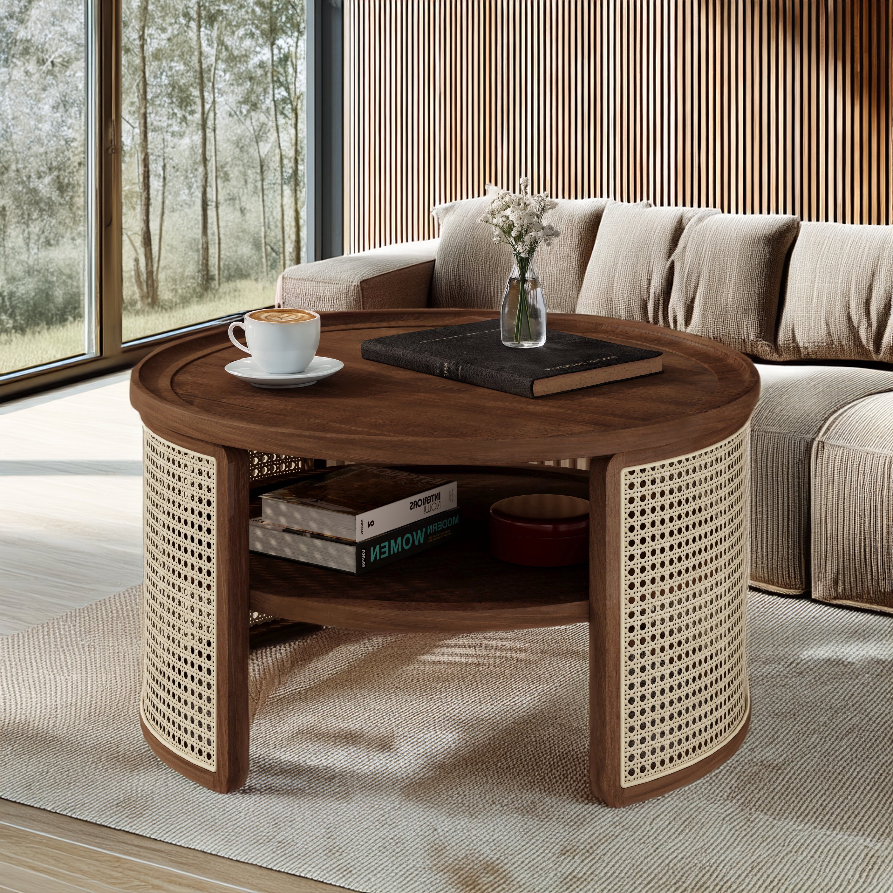 2-Tiered Round Walnut Wood Coffee Table With Storage Rattan Base In 31.3''