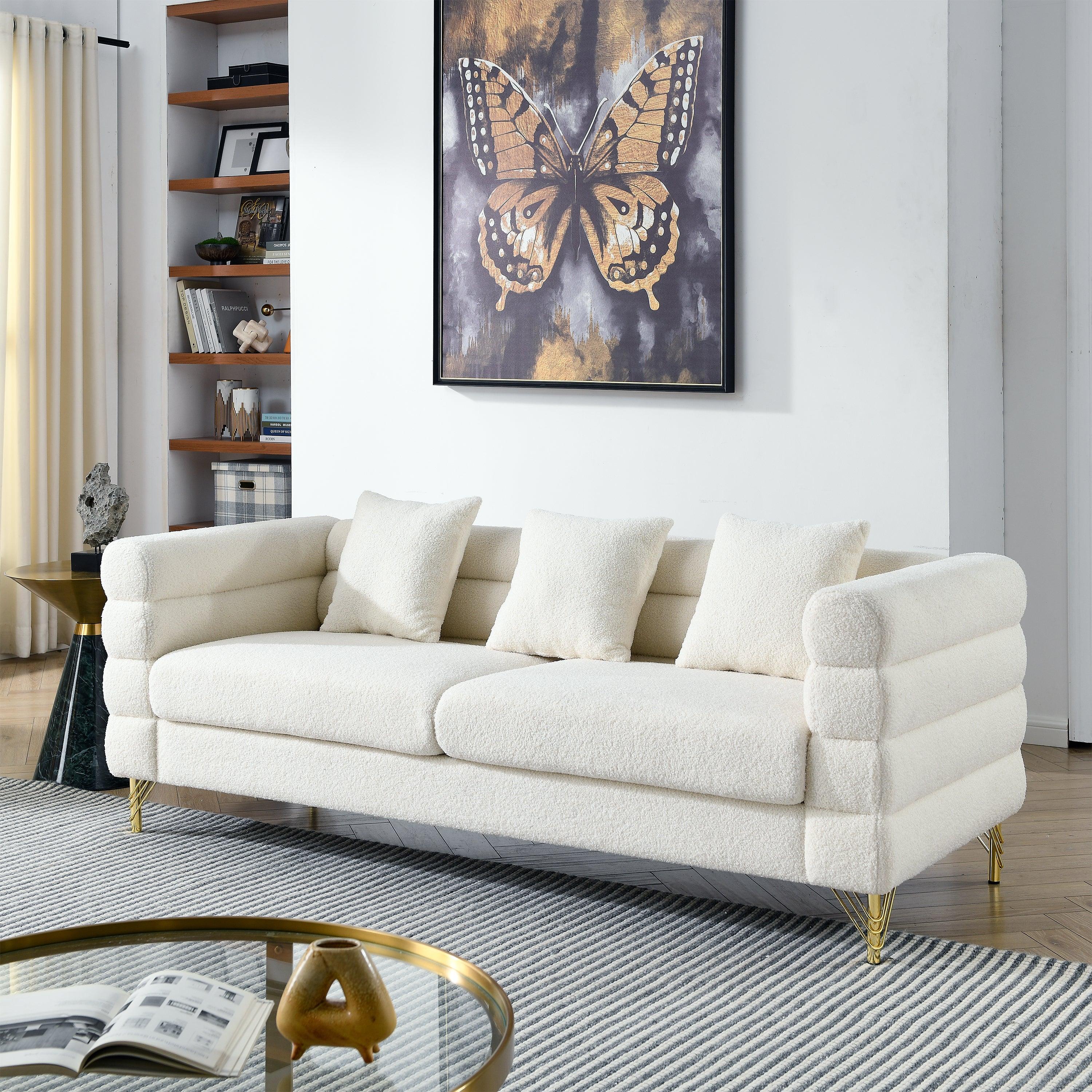 🆓🚛 81" Oversized 3 Seater Sectional Sofa, Living Room Comfort Fabric Sectional Sofa - Deep Seating Sectional Sofa, Soft Sitting With 3 Pillows for Living Room, Bedroom, White Teddy (Ivory)