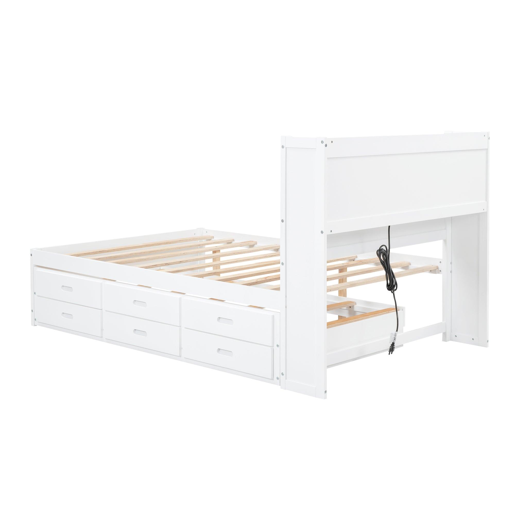 Full Size platform bed with trundle, drawers and USB plugs, White