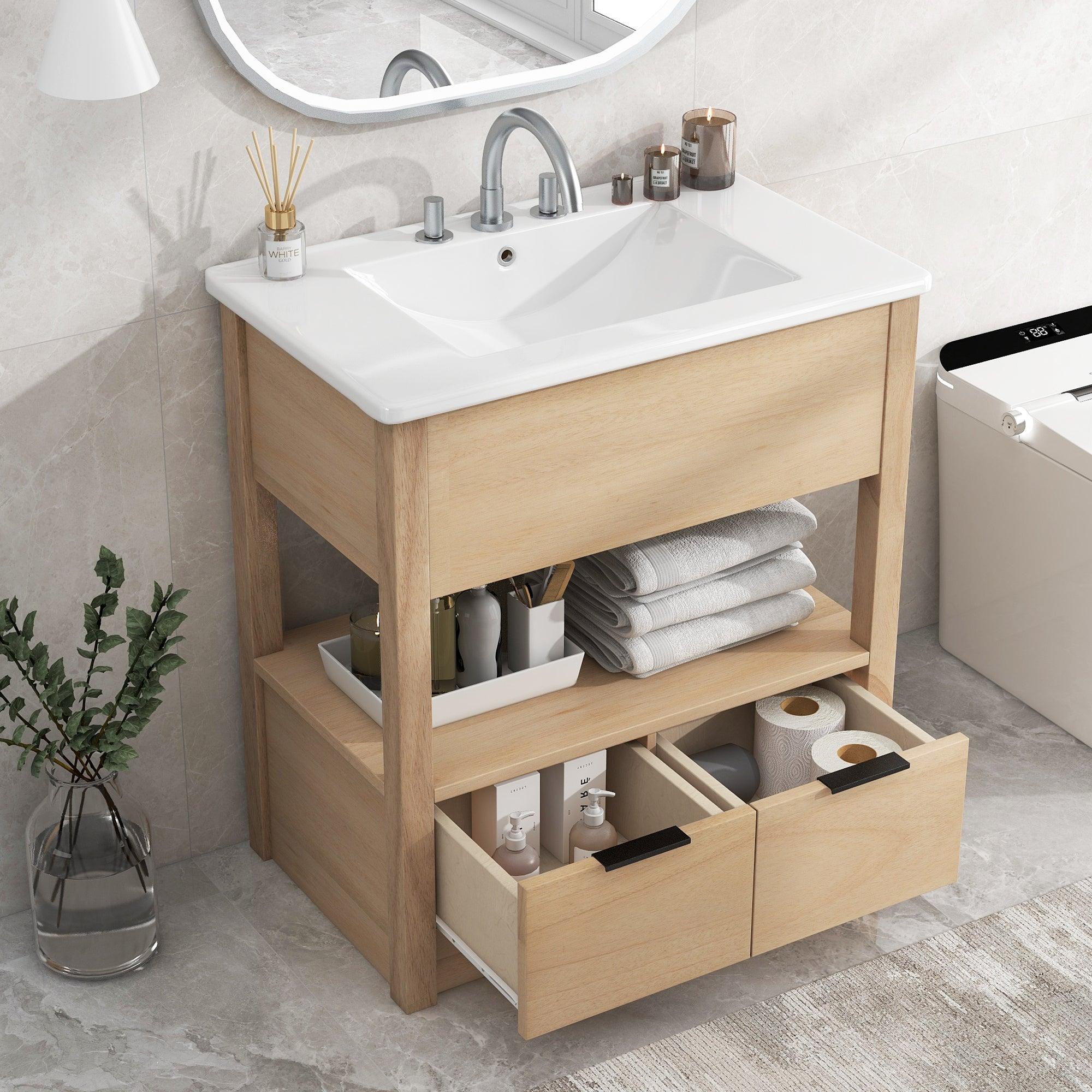 🆓🚛 30" Bathroom Vanity With Sink Top, Bathroom Cabinet With Open Storage Shelf & Two Drawers, One Package, Natural