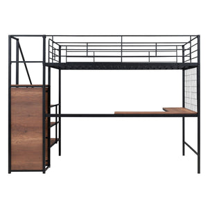 Full Size Metal Loft Bed with Desk and Metal Grid, Stylish Metal Frame Bed with Lateral Storage Ladder and Wardrobe, Black