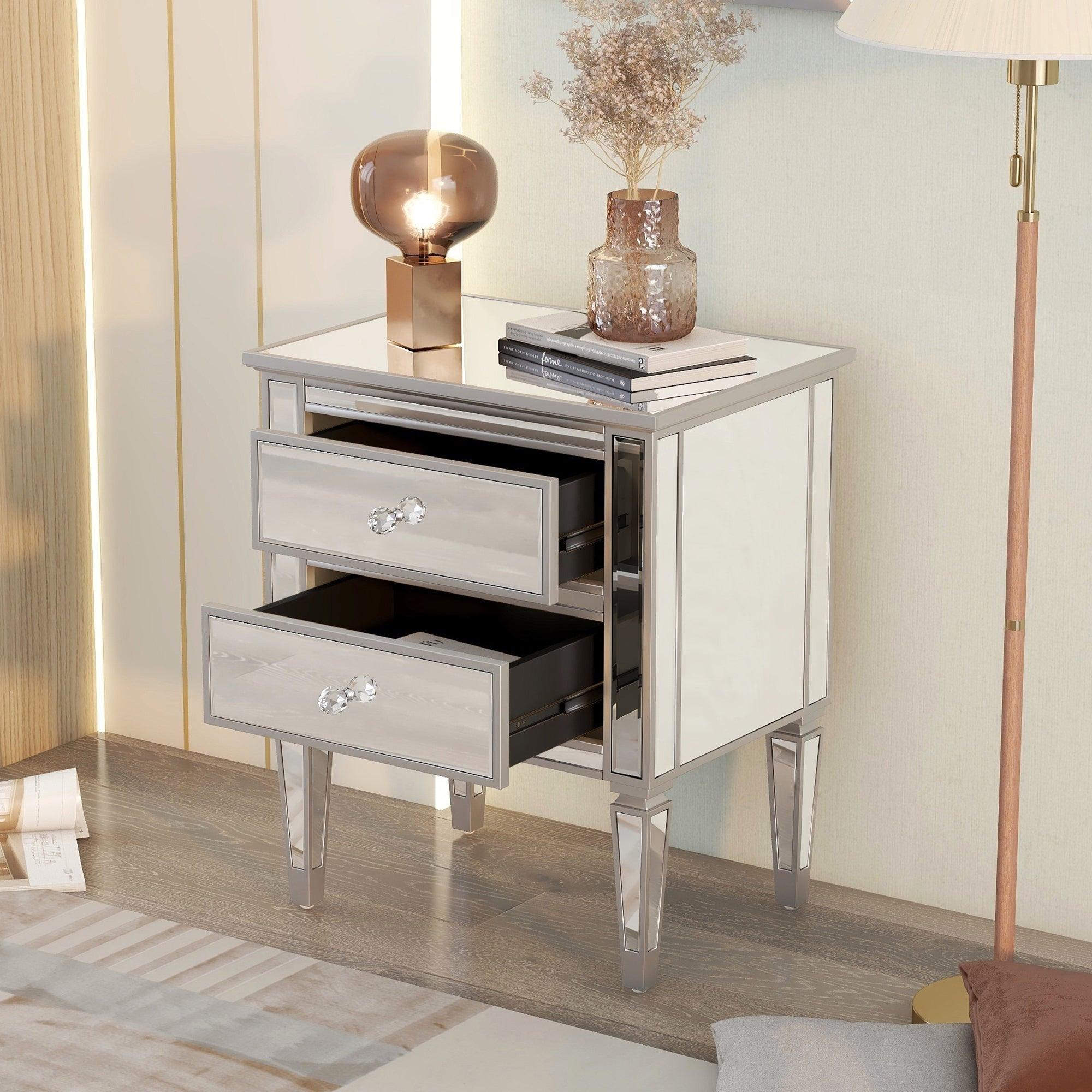 Elegant Mirrored Side Table with 2 Drawers, Modern Silver Finished for Living Room, Hallway, Entryway