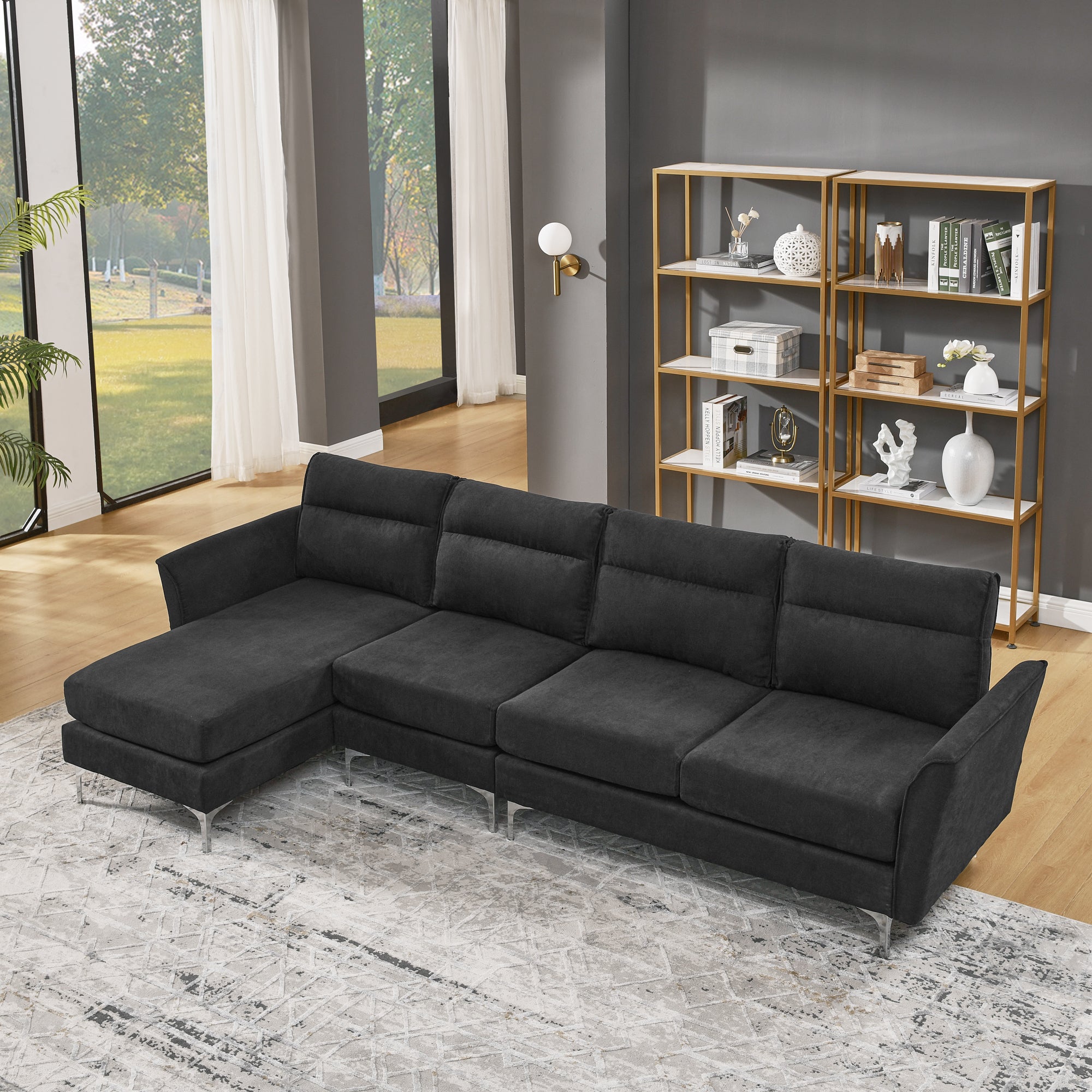 113" Modern Sofa 4-Seat Couch With Stainless Steel Trim and Metal Legs for Living Room, New Package Compression Sofa Technology, Black