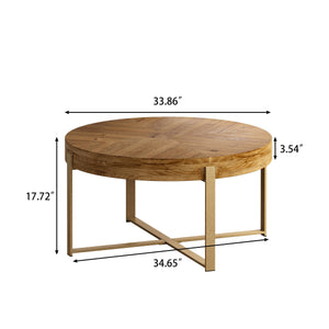 33.86" Modern Retro Splicing Round Coffee Table, Fir Wood Table Top with Gold Cross Legs Base