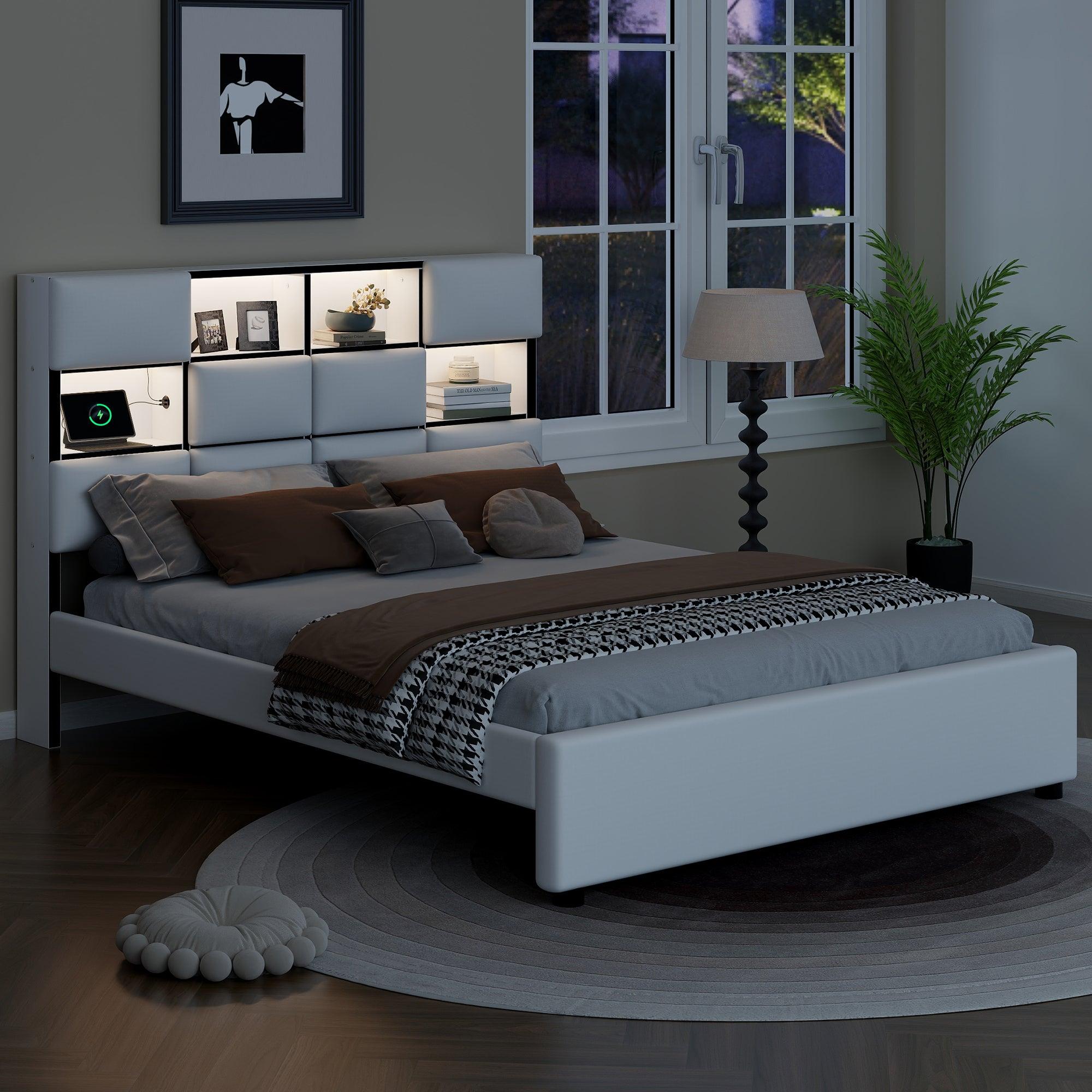 🆓🚛 Queen Size Upholstered Platform Bed with LED, Storage and USB, Beige