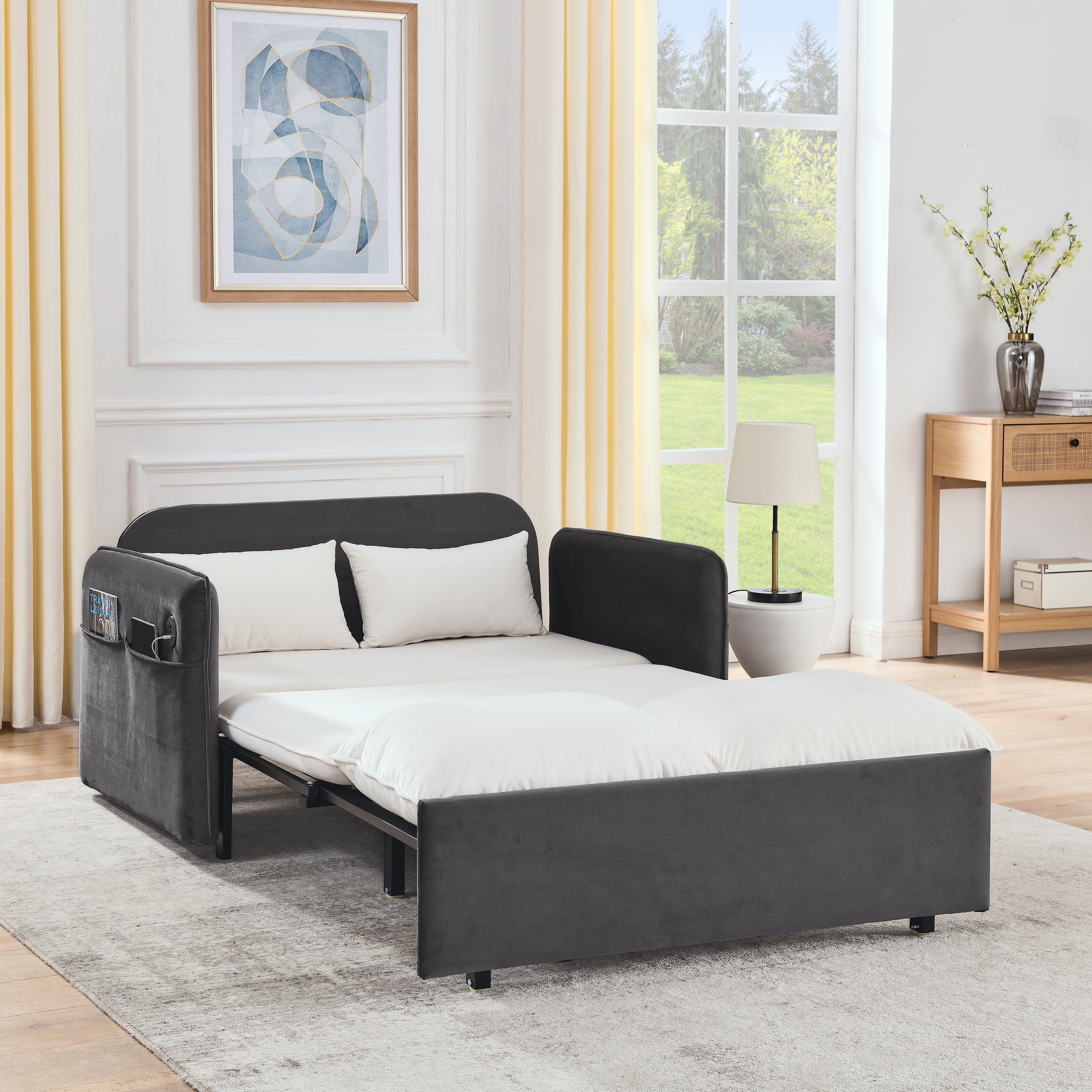 🆓🚛 53" Modern Convertible Sofa Bed W/2 Removable Armrests W/Usb Power Port, Velvet Recliner Adjustable Sofa W/Head Pull-Out Bed, 2 Pillows, for Living Room, White-Gray