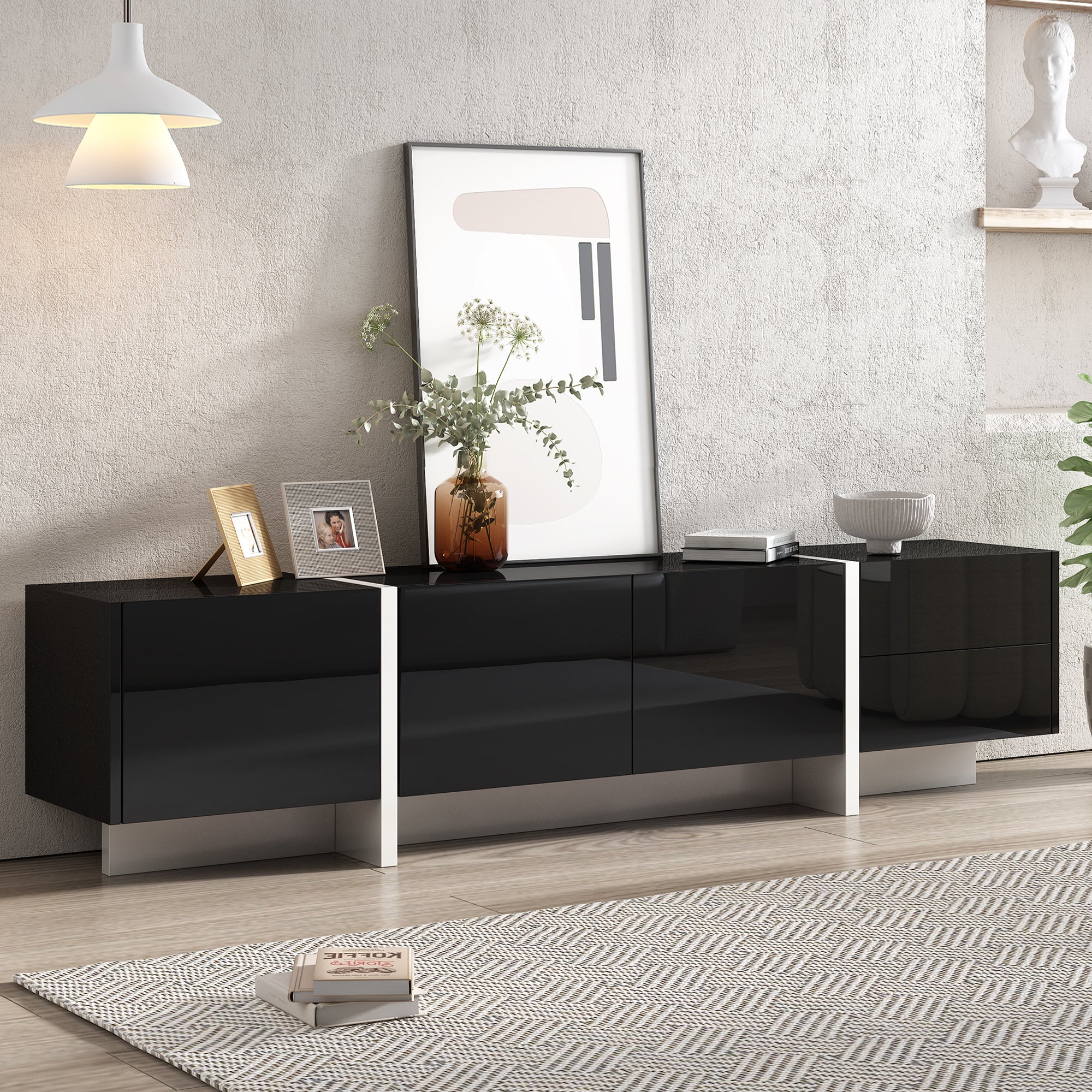 🆓🚛 White & Black Contemporary Rectangle Design TV Stand, Unique Style TV Console Table for TVs Up to 80'', Modern TV Cabinet with High Gloss UV Surface for Living Room.