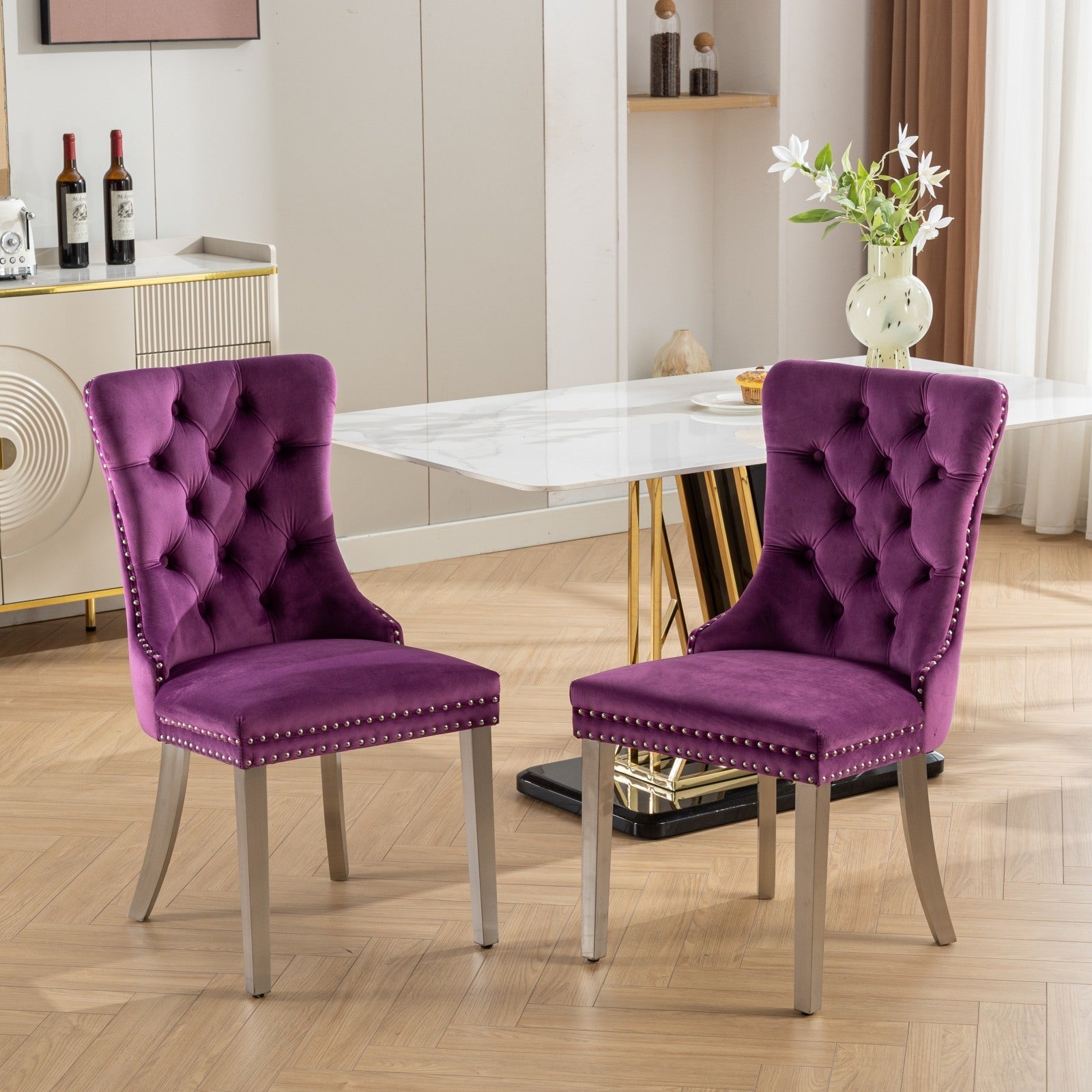 🆓🚛 High-End Tufted Solid Wood Contemporary Velvet Upholstered Dining Chair With Chrome Stainless Steel Plating Legs, Nailhead Trim, Set of 2, Purple and Chrome