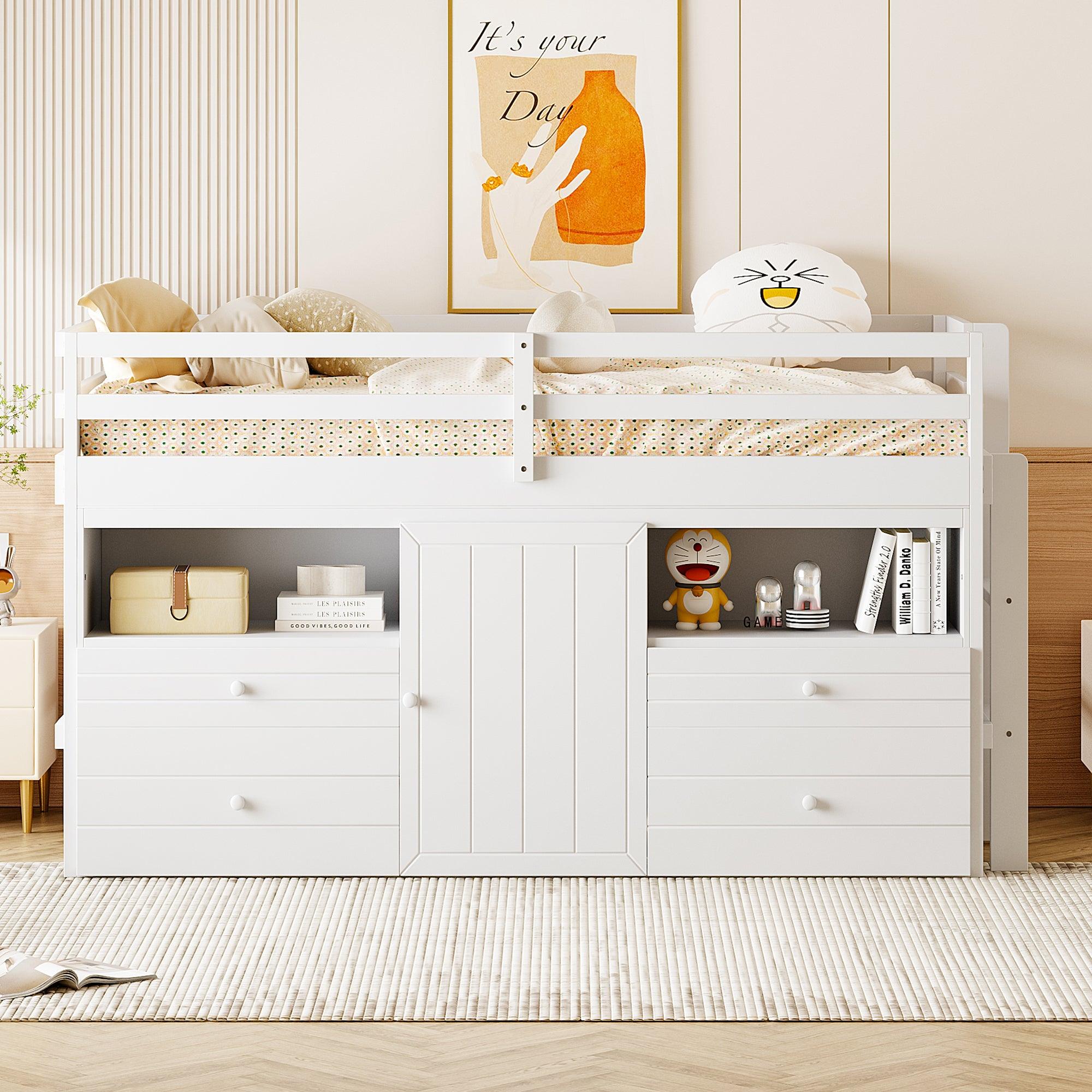🆓🚛 Twin Size Loft Bed With 4 Drawers, Underneath Cabinet & Shelves, White