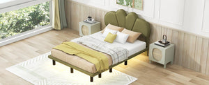 Full Size Upholstery Platform Bed with PU Leather Headboard and Support Legs, Underbed LED Light, Green