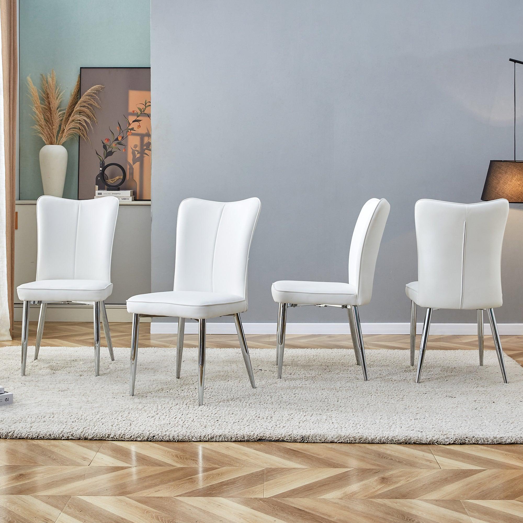 🆓🚛 Modern Minimalist Dining Chairs, Office Chairs 4-Piece Set Of White Pu Seats With Silver Metal Legs Suitable for Restaurants, Living Rooms, & Offices.