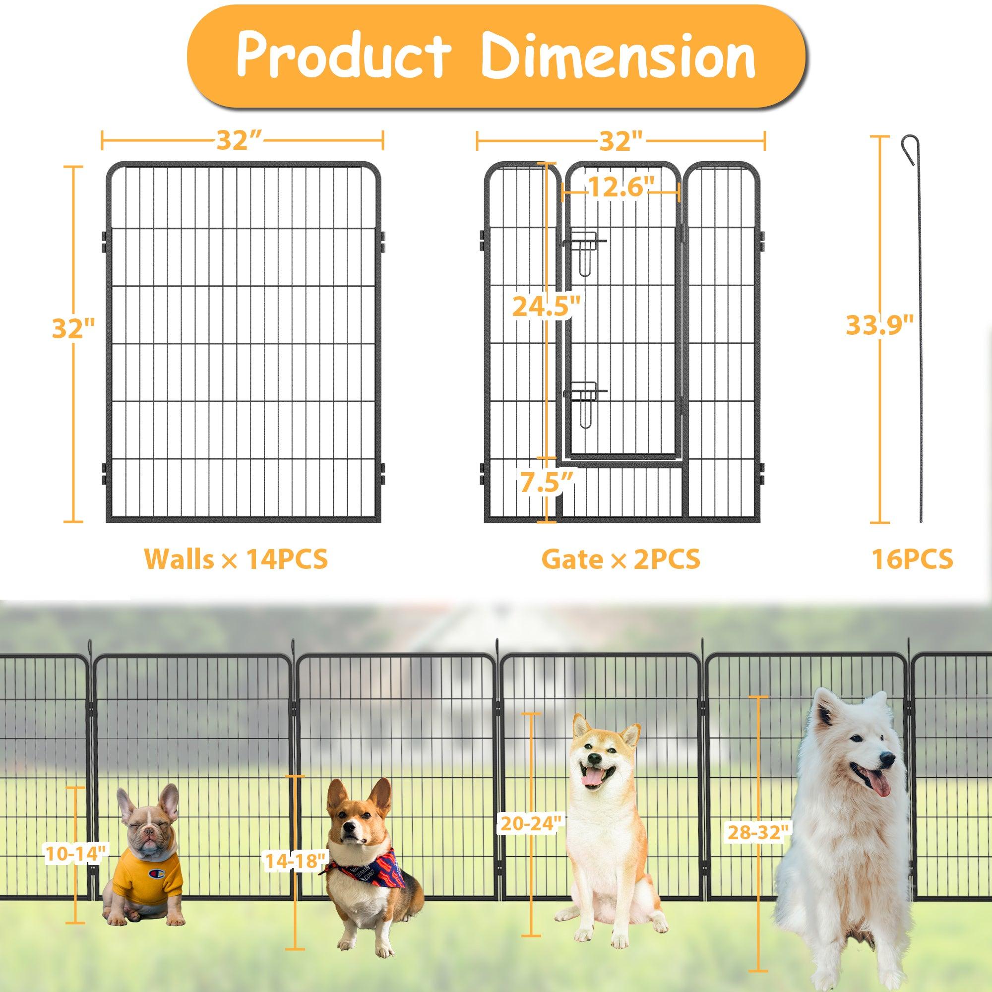 Dog Pens Outdoor 32" Height Foldable 16 Panels Heavy Duty Metal Portable Dog Playpen Indoor Anti-Rust Exercise Dog Fence With Doors For Large/Medium/Small Pets Play Pen For RV Camping Yard