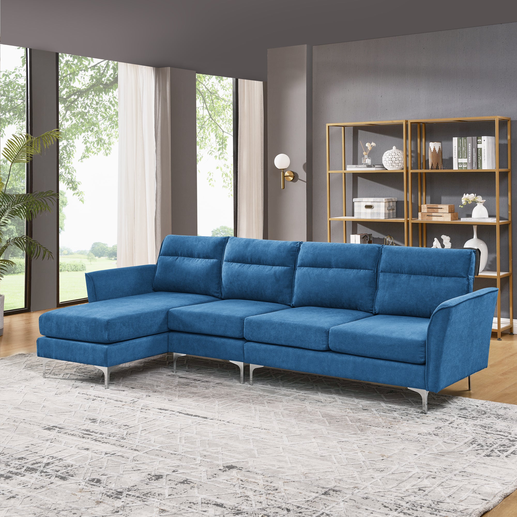 113" Modern Sofa 4-Seat Couch With Stainless Steel Trim and Metal Legs for Living Room, New Package Compression Sofa Technology, Navy Blue