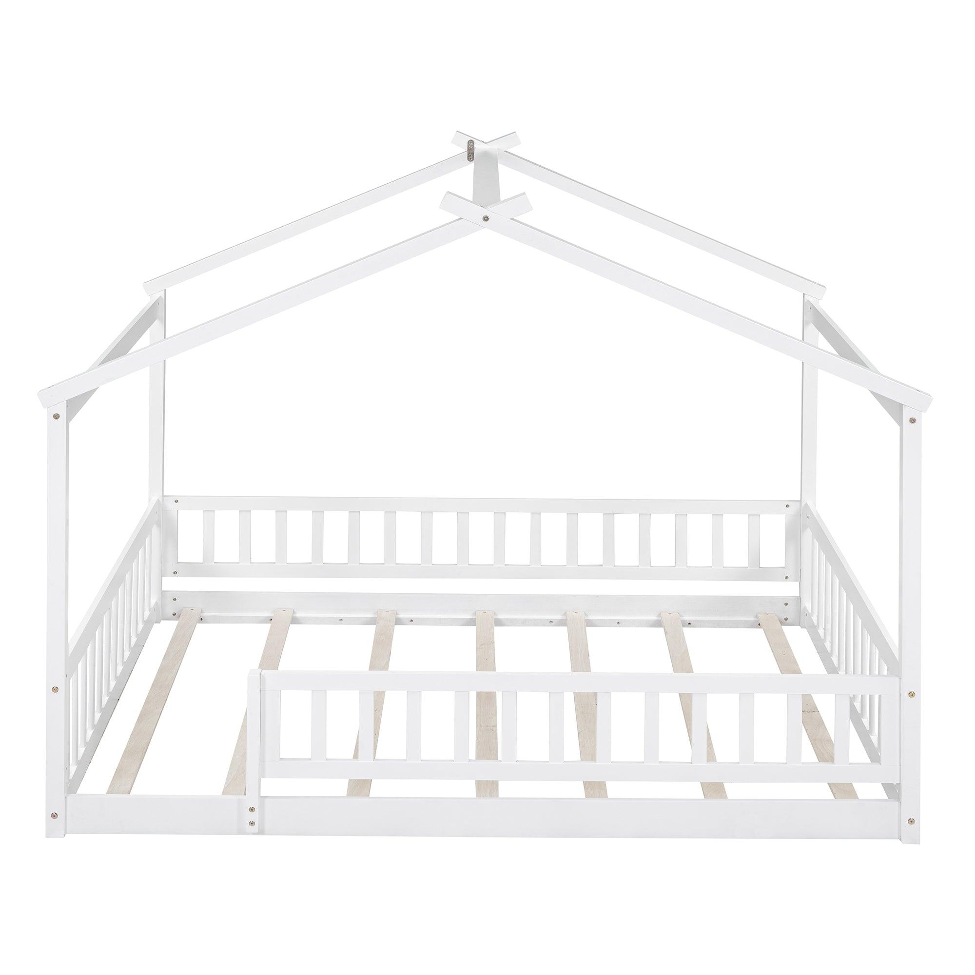 Full Size Wood Bed House Bed Frame with Fence, for Kids, Teens, Girls, Boys, White