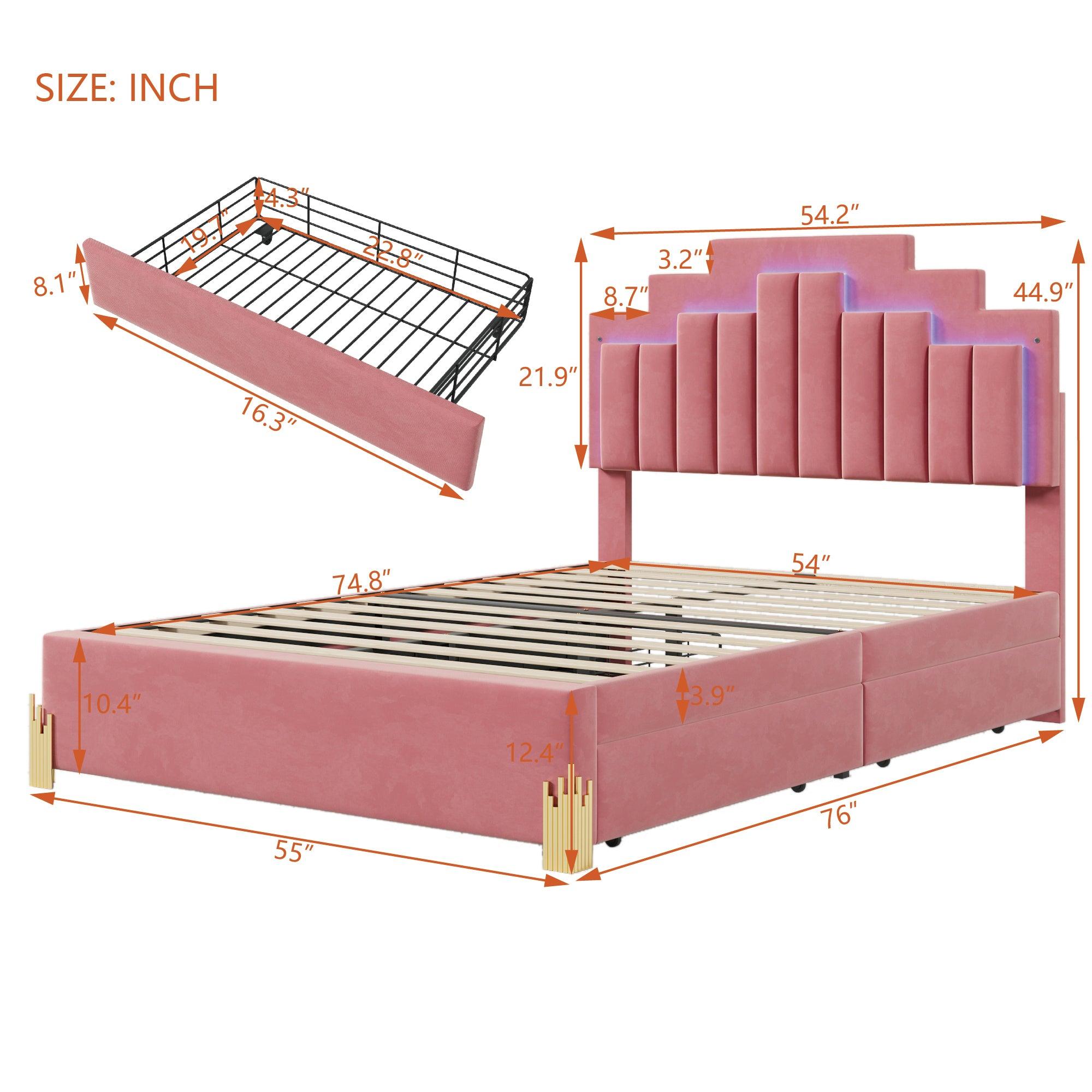 Full Size Upholstered Platform Bed with LED Lights and 4 Drawers, Stylish Irregular Metal Bed Legs Design, Pink