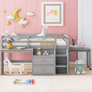 Full Size Loft Bed with Desk and Drawers, Wooden Loft Bed with Lateral Portable Desk, Gray