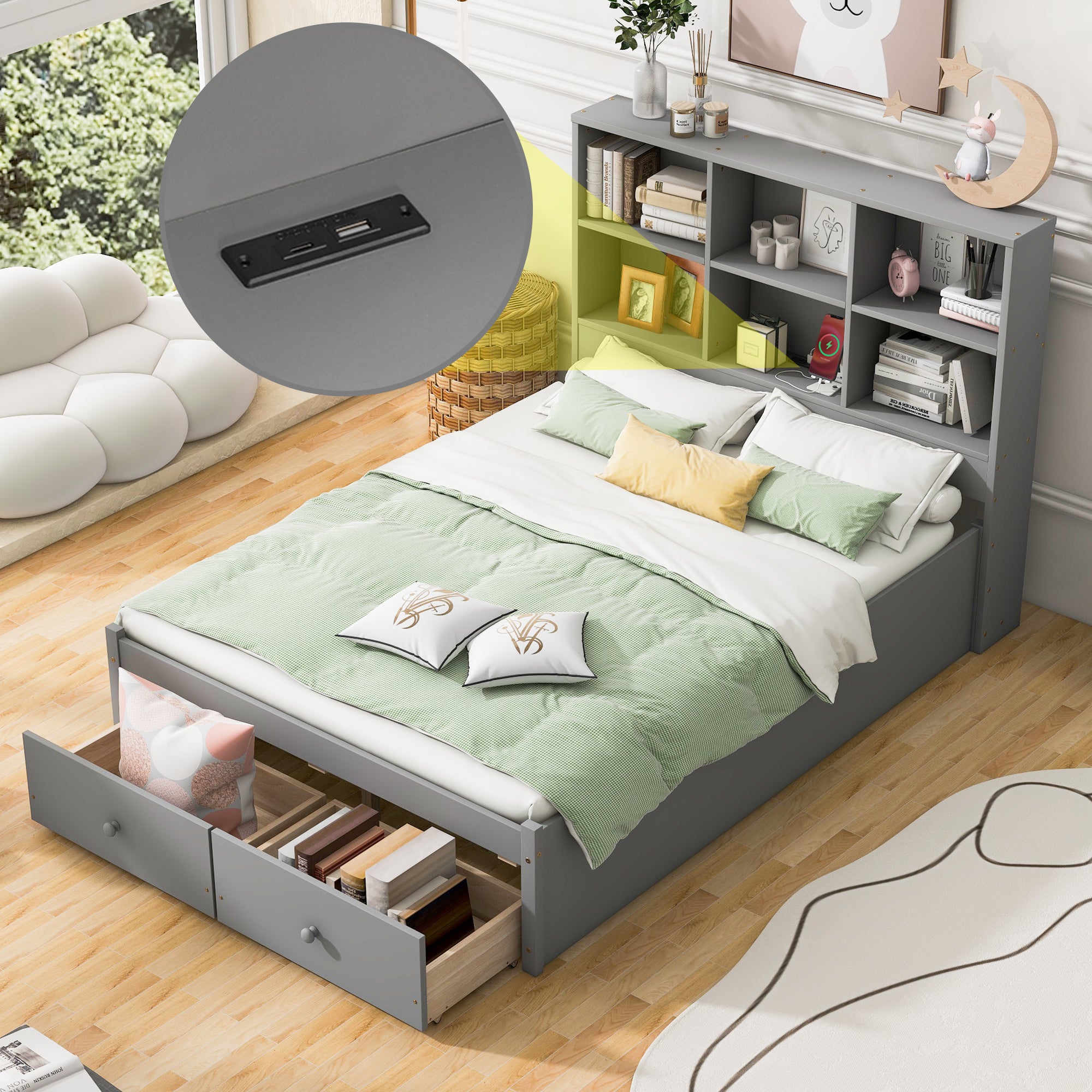 🆓🚛 Full Size Platform Bed With Storage Headboard, Charging Station and 2 Drawers, Gray