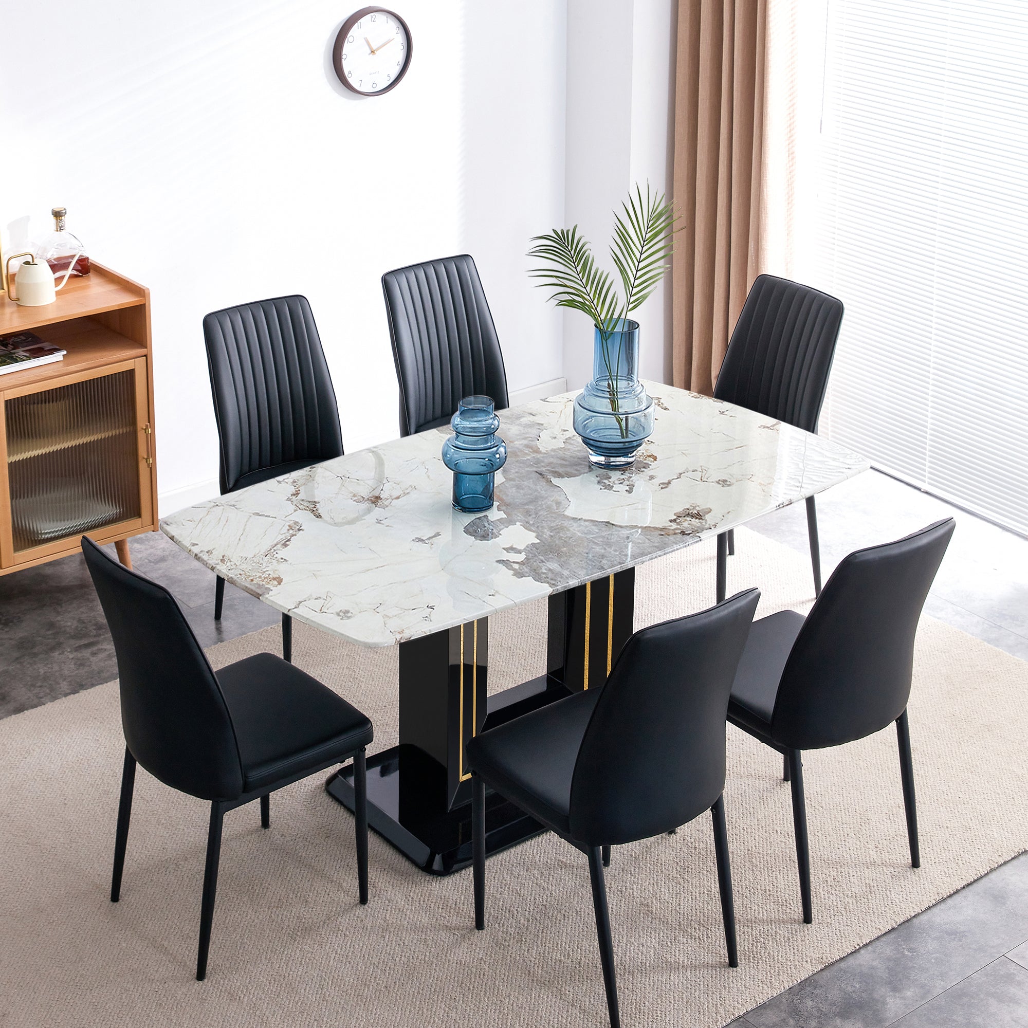 🆓🚛 7-Piece Faux Marble Dining Table Set, Modern White Faux Marble Glass Rectangular Kitchen/Dining Room Table with MDF Base & 6 Chairs