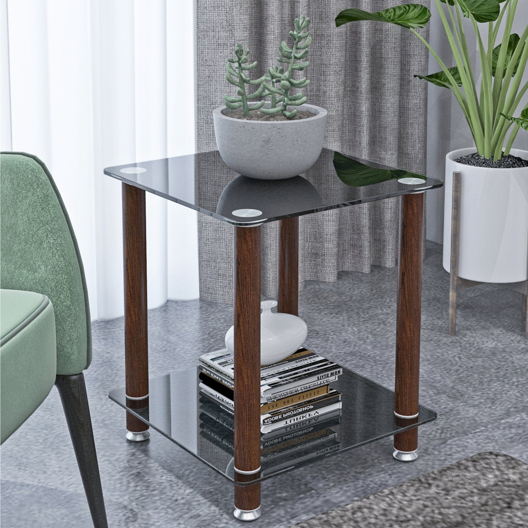 1-Piece Black + Walnut Side Table, 2-Tier Space End Table, Modern Night Stand, Sofa Table, Side Table With Storage Shelve