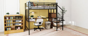 Full Size Metal Loft Bed with Desk and Metal Grid, Stylish Metal Frame Bed with Lateral Storage Ladder and Wardrobe, Black