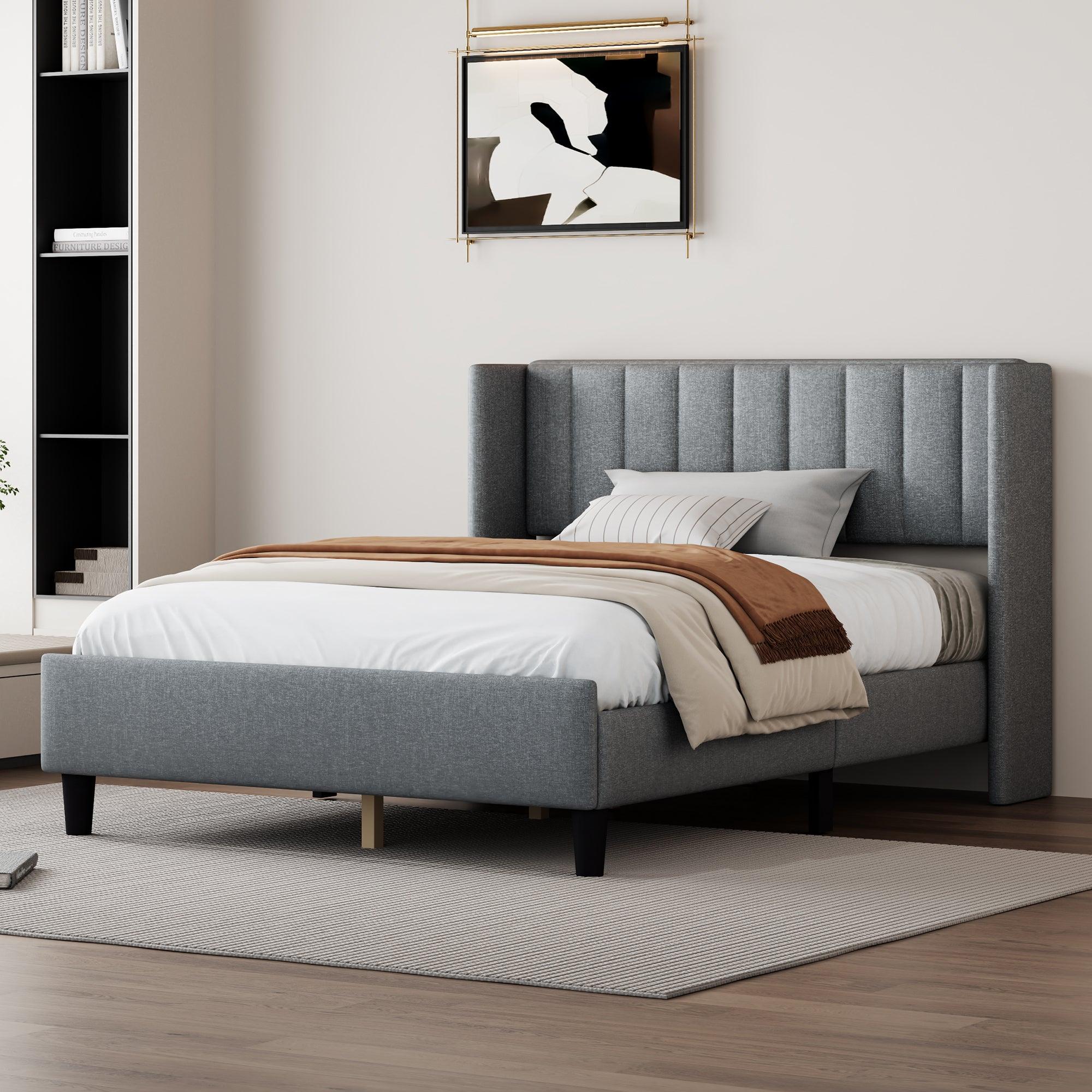 🆓🚛 Queen Size Upholstered Platform Bed Frame With Headboard, Mattress Foundation, Wood Slat Support, Quiet, No Box Spring Needed, Easy To Assemble Light Gray