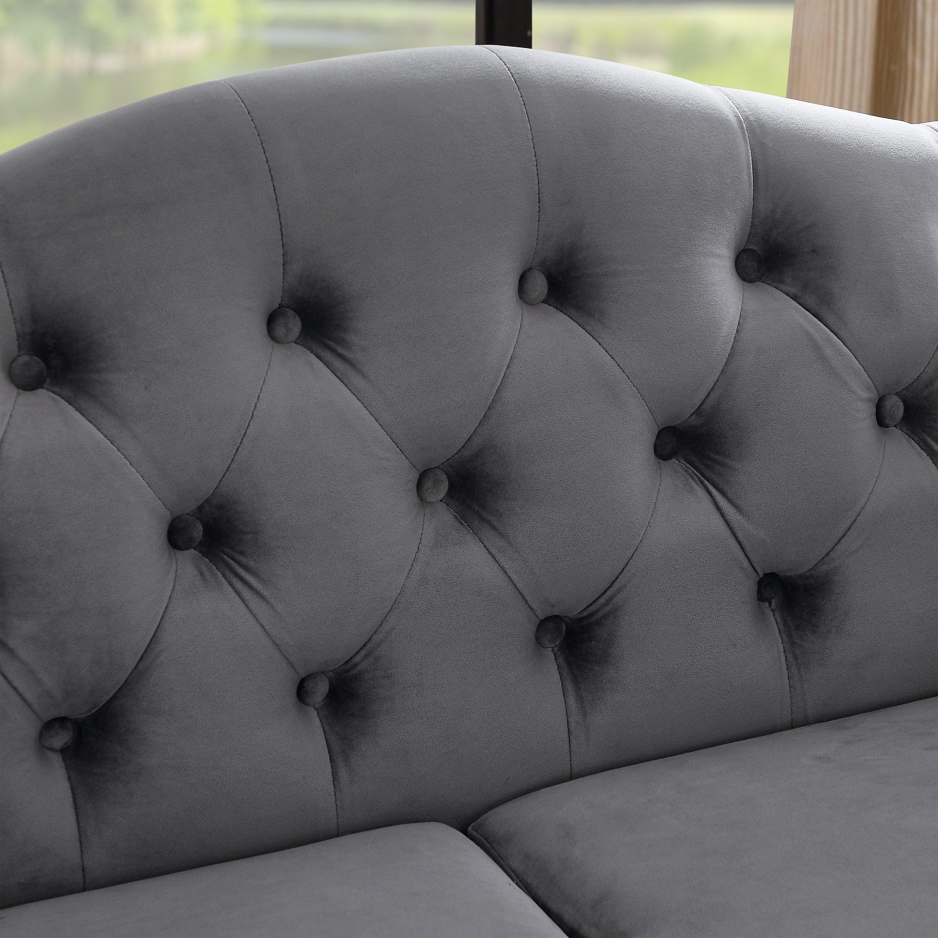 57" Chesterfield Sofa Grey Velvet for Living Room, 2 Seater Sofa Tufted Couch with Rolled Arms and Nailhead, with 2 Pillows